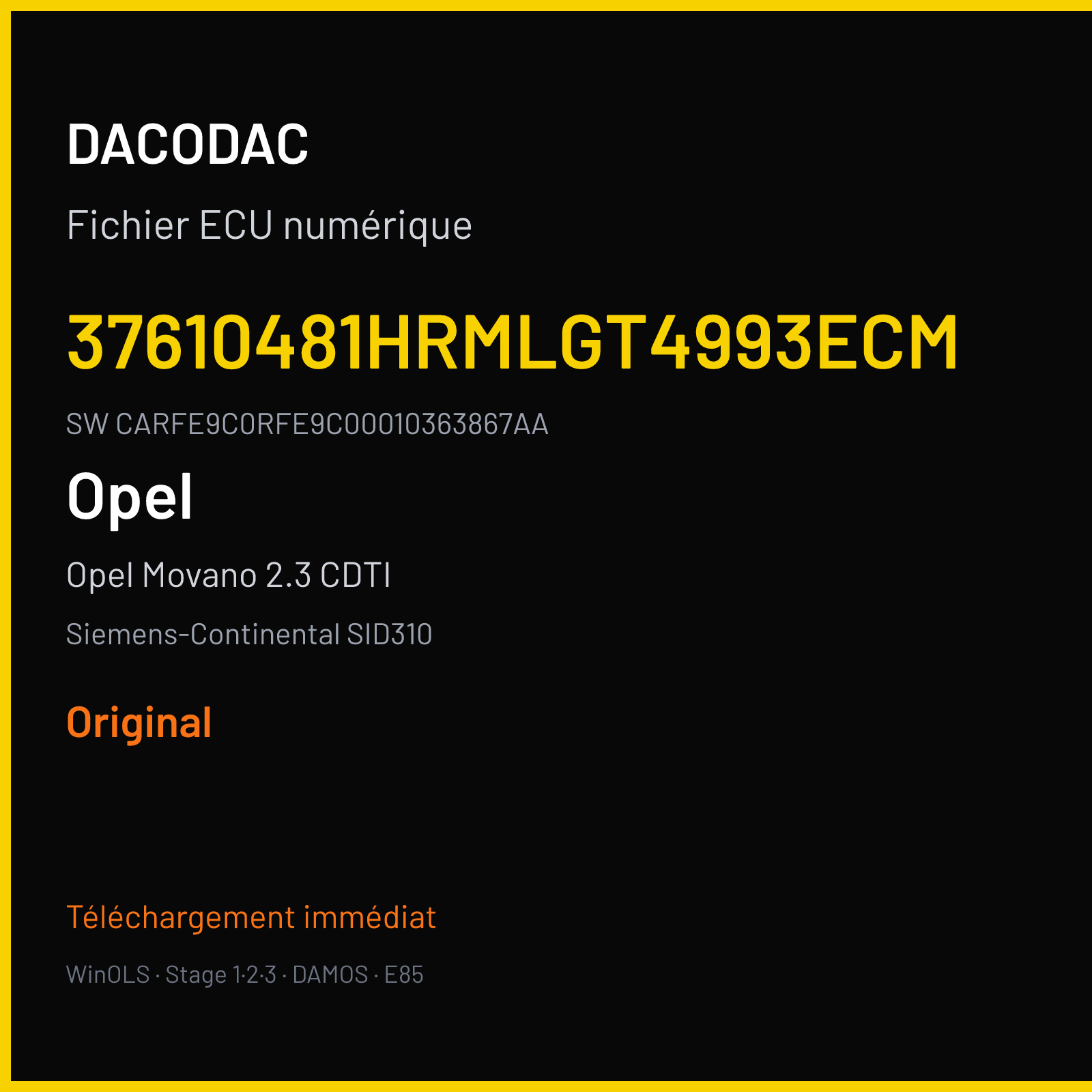 Opel Movano 2.3 CDTI 170 ch (2017) — Siemens-Continental SID310 — 37610481HRMLGT4993ECM · CARFE9C0RFE9C00010363867AA — Original