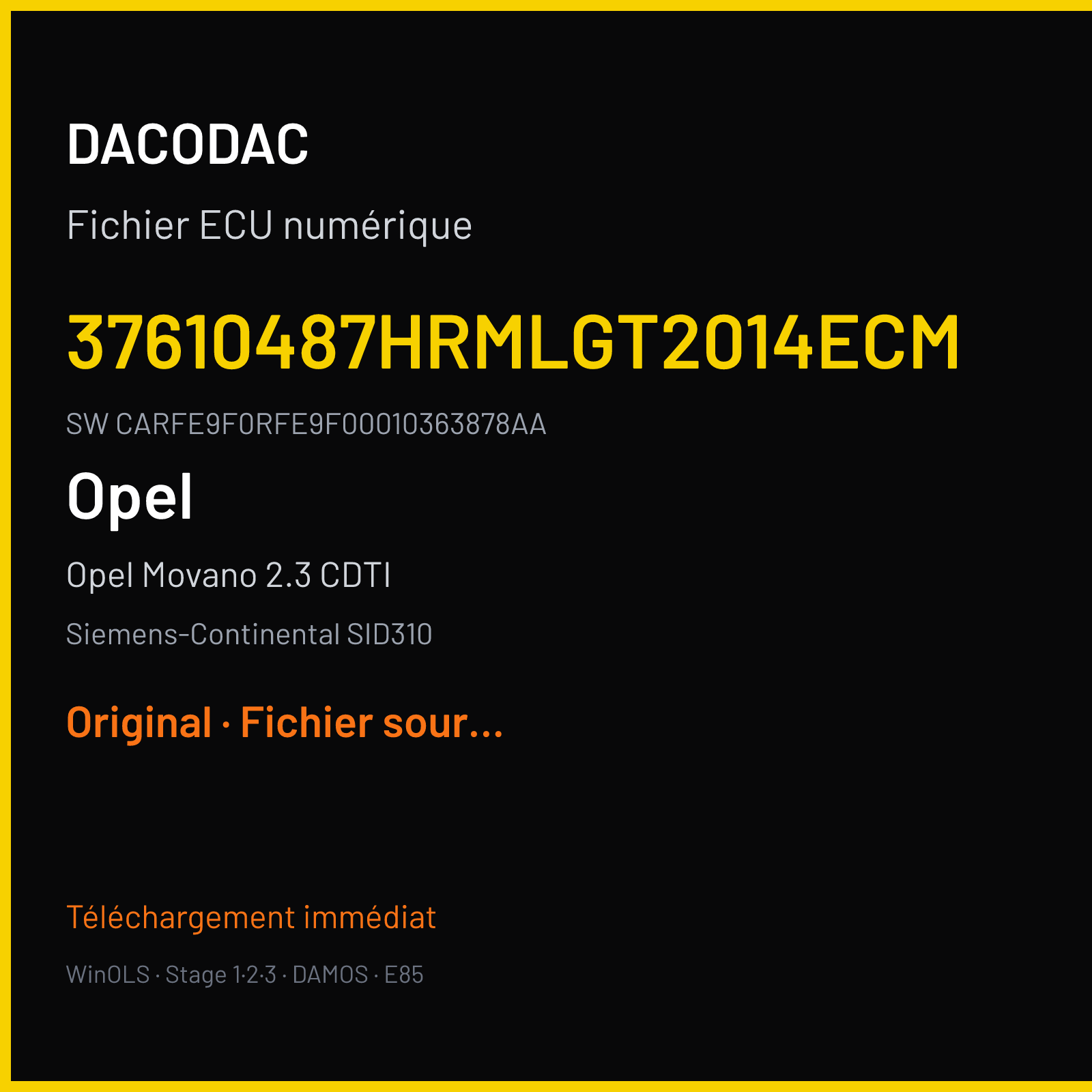 Opel Movano 2.3 CDTI 170 ch (2018) — Siemens-Continental SID310 — 37610487HRMLGT2014ECM · CARFE9F0RFE9F00010363878AA · RFZRFE429F000000 — Original
