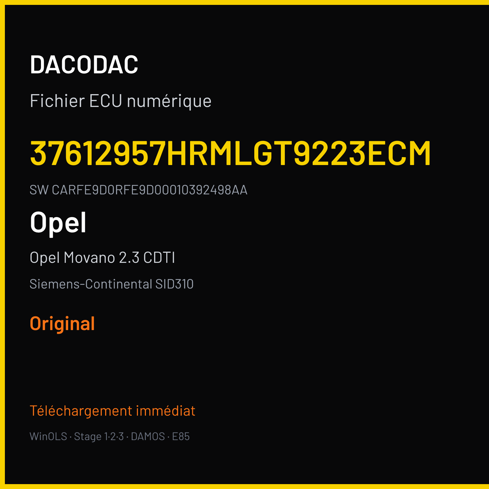 Opel Movano 2.3 CDTI 130 ch (2019) — Siemens-Continental SID310 — 37612957HRMLGT9223ECM · CARFE9D0RFE9D00010392498AA · 10296181AA — Original