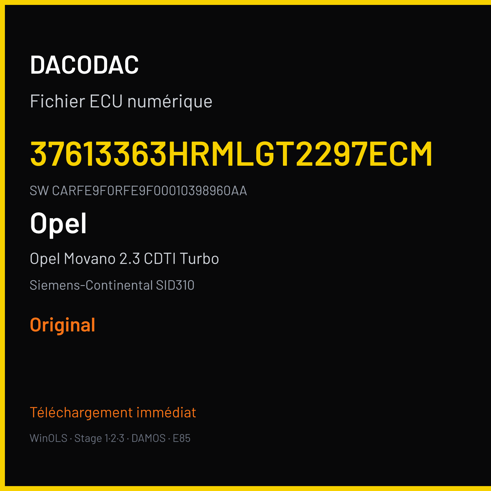 Opel Movano 2.3 CDTI Turbo 130 ch (2018) — Siemens-Continental SID310 — 37613363HRMLGT2297ECM · CARFE9F0RFE9F00010398960AA — Original
