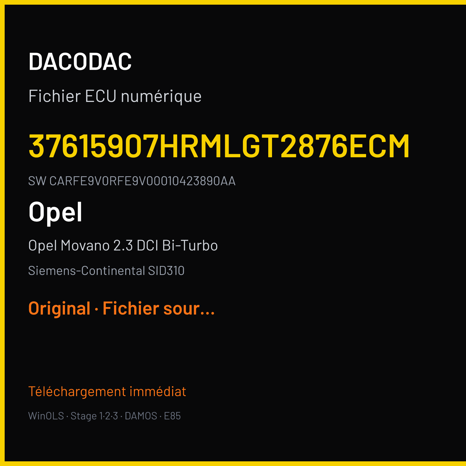 Opel Movano 2.3 DCI Bi-Turbo 163 ch (2015) — Siemens-Continental SID310 — 37615907HRMLGT2876ECM · CARFE9V0RFE9V00010423890AA · 615907HRMLG — Original