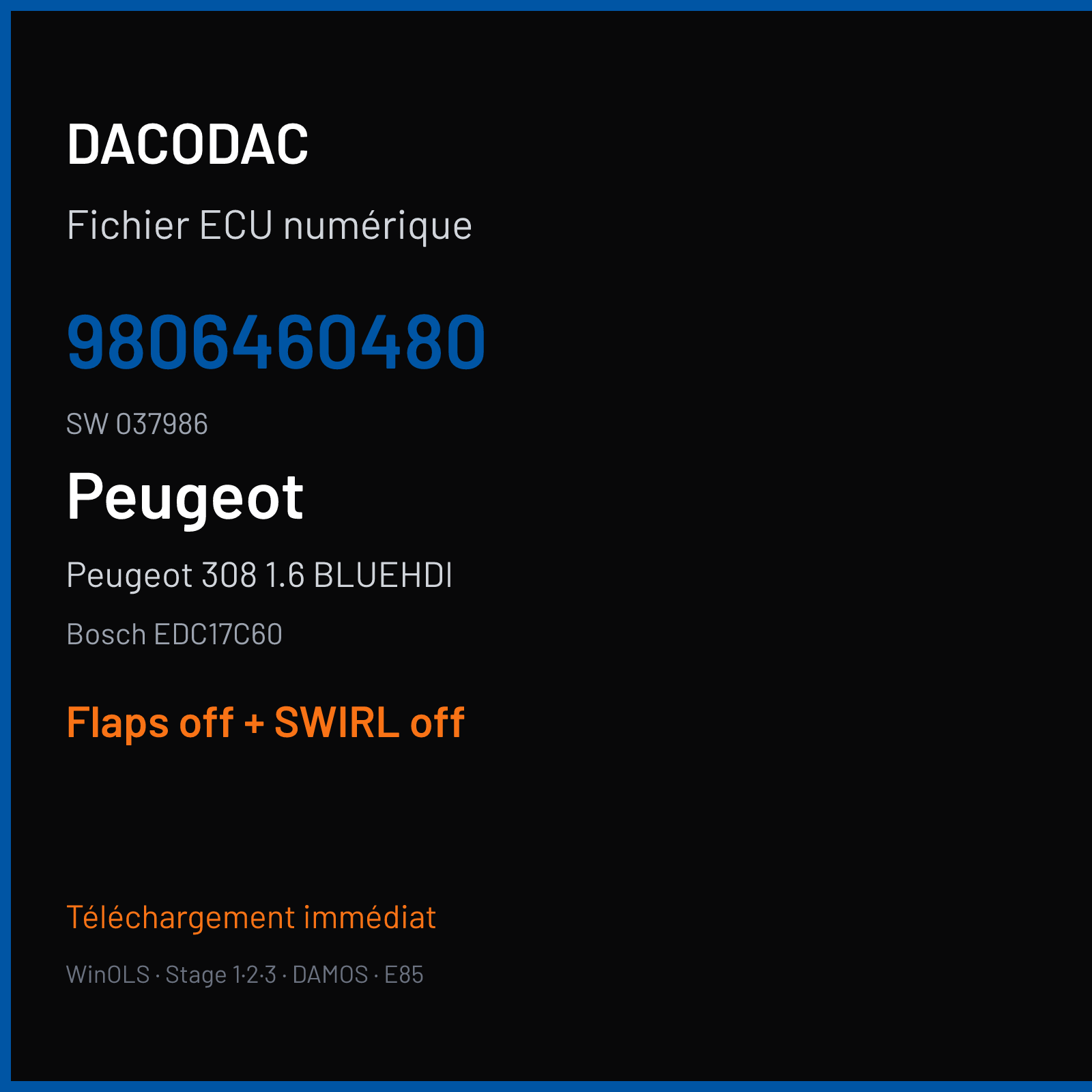Peugeot 308 1.6 BLUEHDI (2016) — Bosch EDC17C60 — 9806460480 · 037986 — Flaps off + SWIRL off