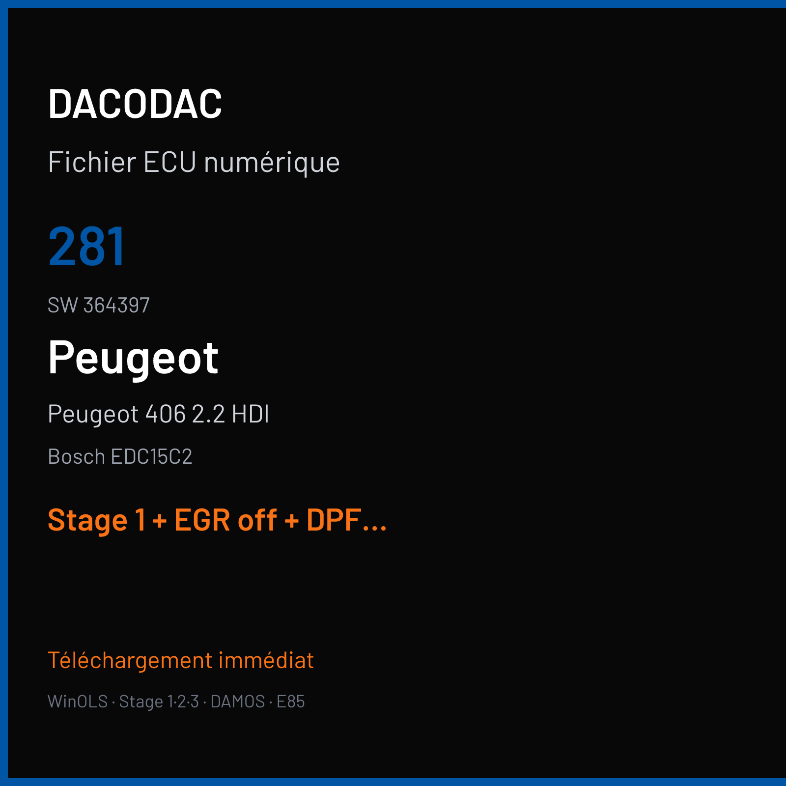 Peugeot 406 2.2 HDI (2003) — Bosch EDC15C2 — 281 · 364397 — Stage 1 + EGR off + DPF off + DTC off