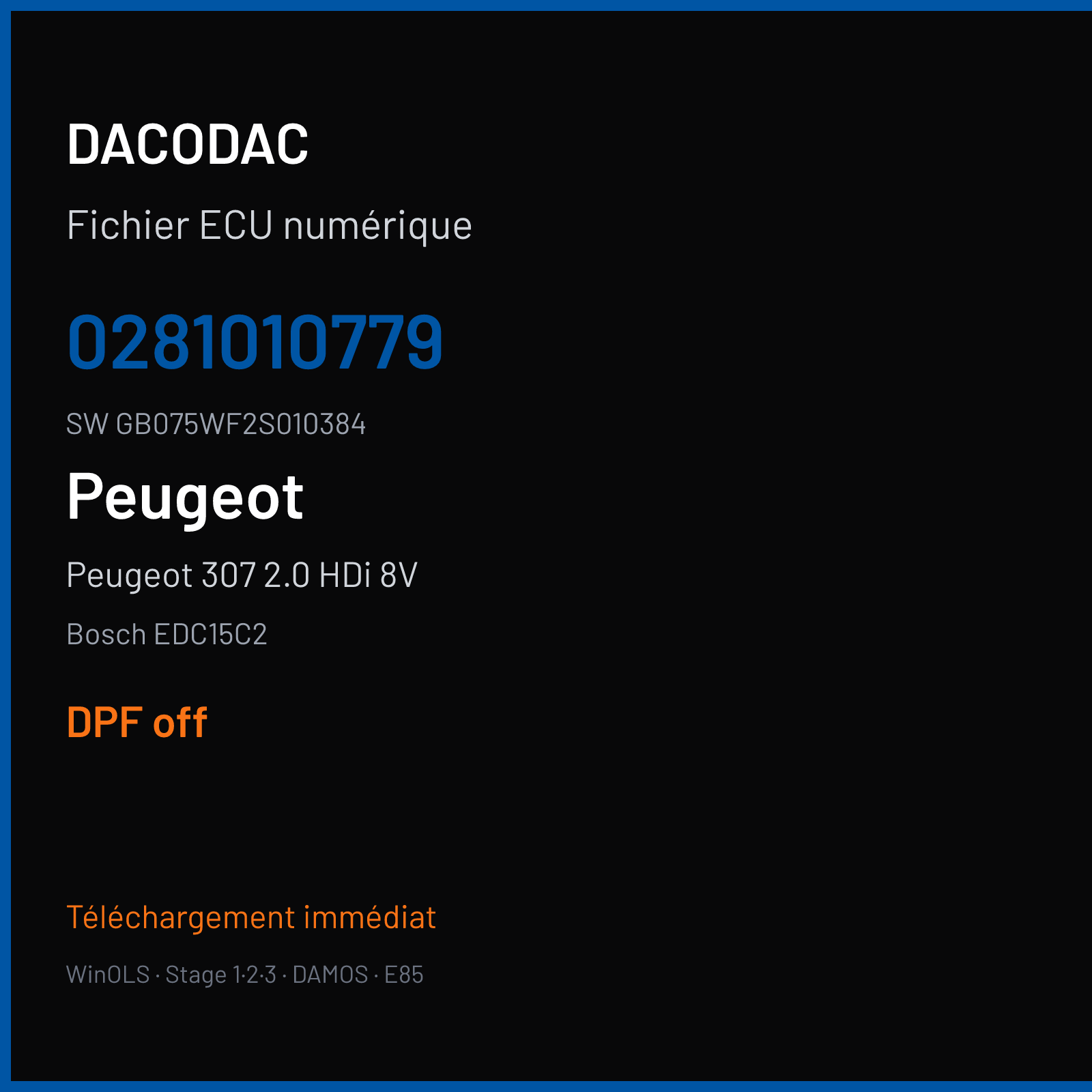 Peugeot 307 2.0 HDi 8V 110 ch (2004) — Bosch EDC15C2 — 0281010779 · GB075WF2S010384 · 1037353725 — DPF off