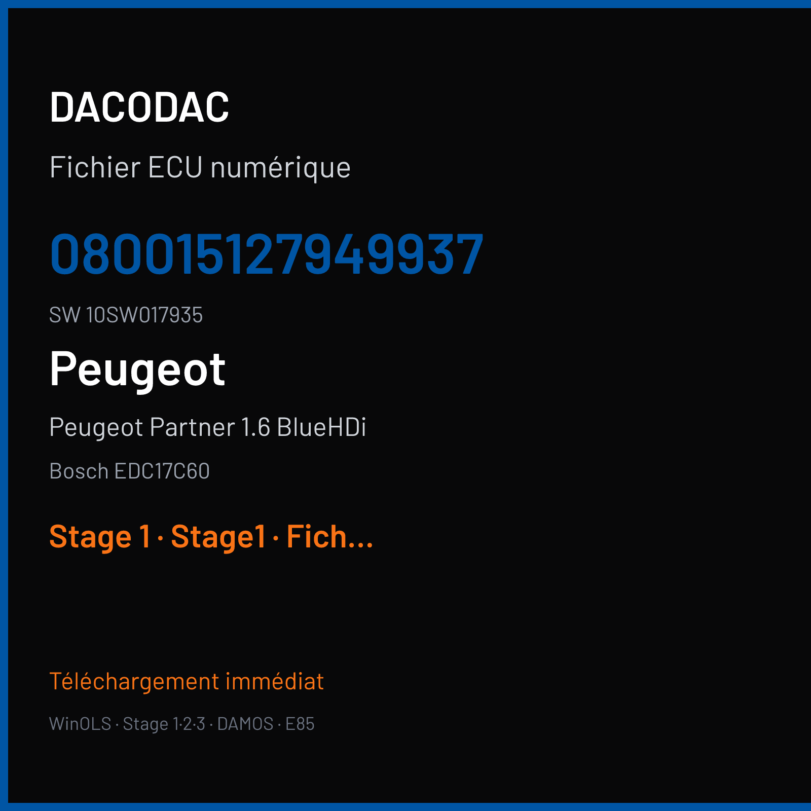 Peugeot Partner 1.6 BlueHDi (2018) — Bosch EDC17C60 — 080015127949937 · 10SW017935 — Stage 1