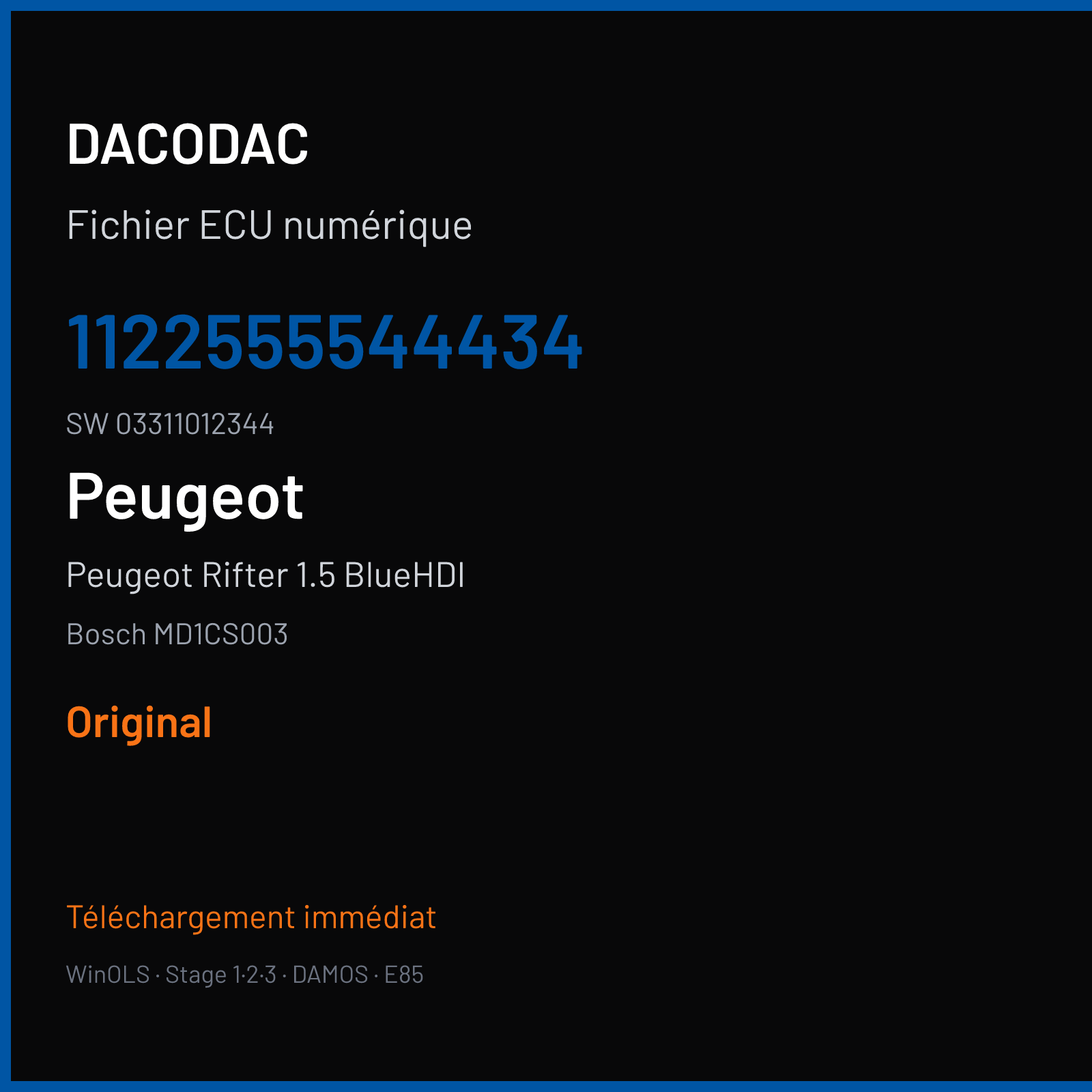 Peugeot Rifter 1.5 BlueHDI 130 ch (2019) — Bosch MD1CS003 — 1122555544434 · 03311012344 · 048254 — Original