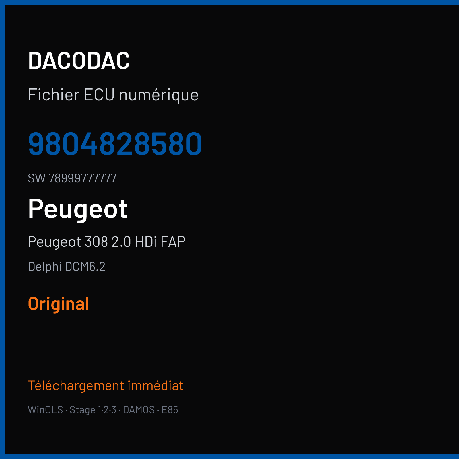 Peugeot 308 2.0 HDi FAP 150 ch — Delphi DCM6.2 — 9804828580 · 78999777777 · FOS T9x DW10FCD AM6III APV2 969300648 — Original