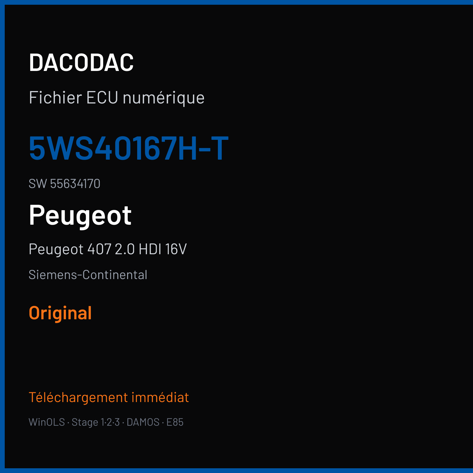 Peugeot 407 2.0 HDI 16V 136 ch (2005) — Siemens-Continental — 5WS40167H-T · 55634170 · PO000AA000000 0475-800.833 — Original
