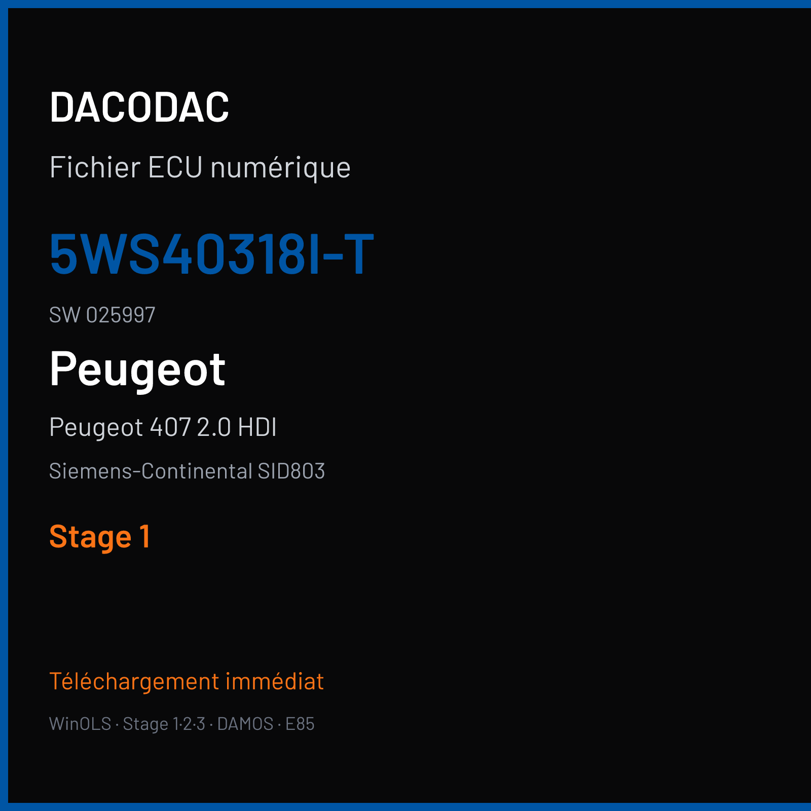 Peugeot 407 2.0 HDI 136 ch (2007) — Siemens-Continental SID803 — 5WS40318I-T · 025997 · S1 PO30034000000 — Stage 1