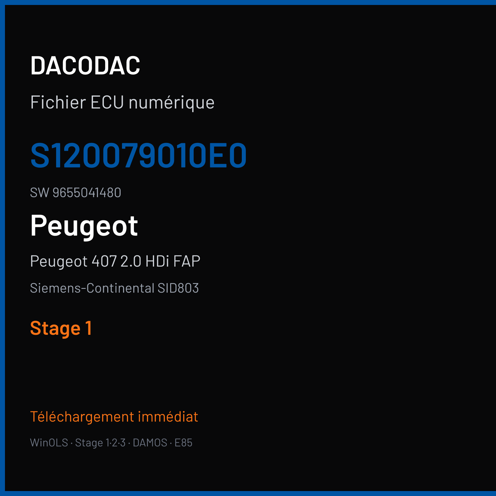 Peugeot 407 2.0 HDi FAP 136 ch (2004) — Siemens-Continental SID803 — S120079010E0 · 9655041480 · PO000AA000000 — Stage 1