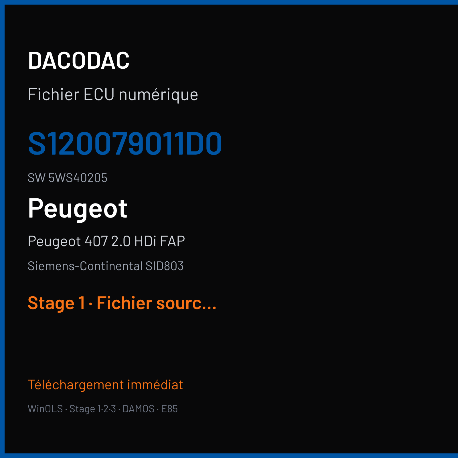 Peugeot 407 2.0 HDi FAP 136 ch (2005) — Siemens-Continental SID803 — S120079011D0 · 5WS40205 · D-T PO000AA000000 — Stage 1