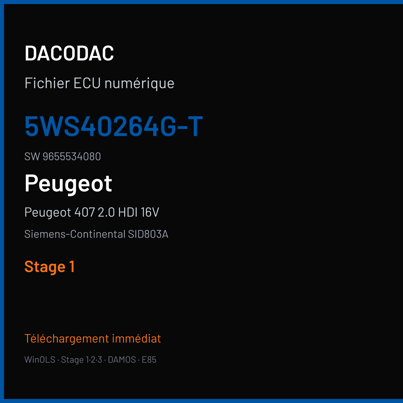 Peugeot 407 2.0 HDI 16V 136 ch (2006) — Siemens-Continental SID803A — 5WS40264G-T · 9655534080 · PO20034000000 — Stage 1