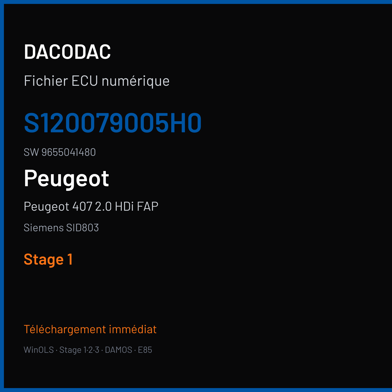 Peugeot 407 2.0 HDi FAP 136 ch (2006) — Siemens SID803 — S120079005H0 · 9655041480 · PO000AA000000 — Stage 1