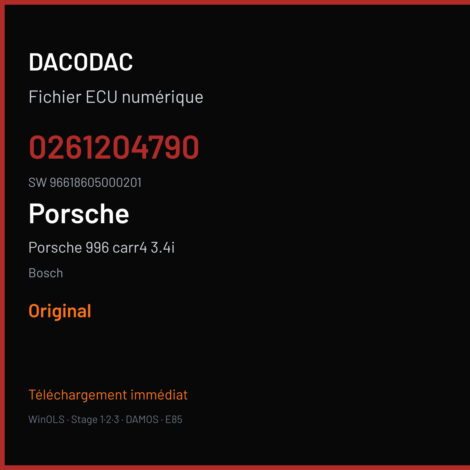 Porsche 996 carr4 3.4i 300 ch (2001) — Bosch — 0261204790 · 96618605000201 · 357109 — Original