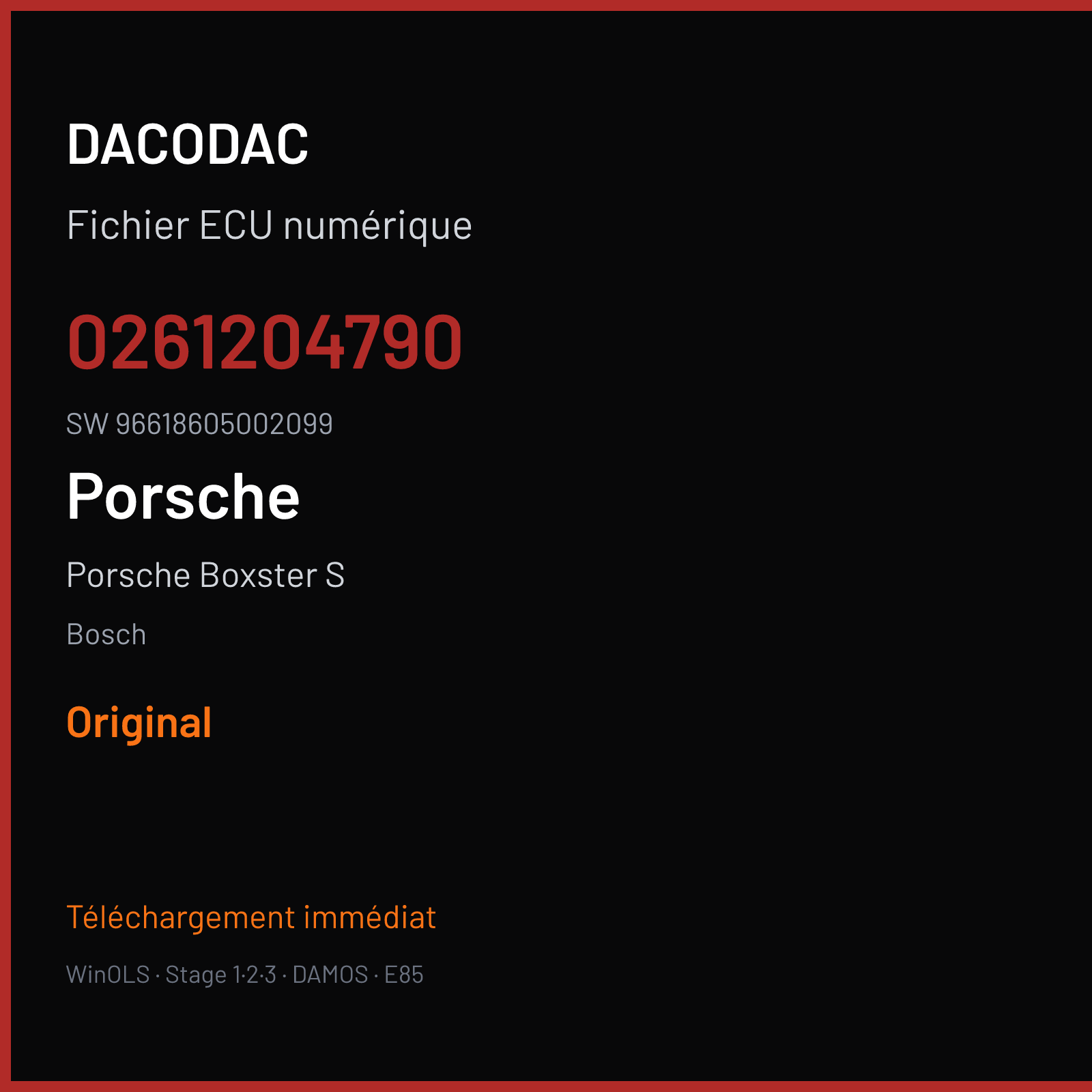 Porsche Boxster S 252 ch (2000) — Bosch — 0261204790 · 96618605002099 · 357109 — Original