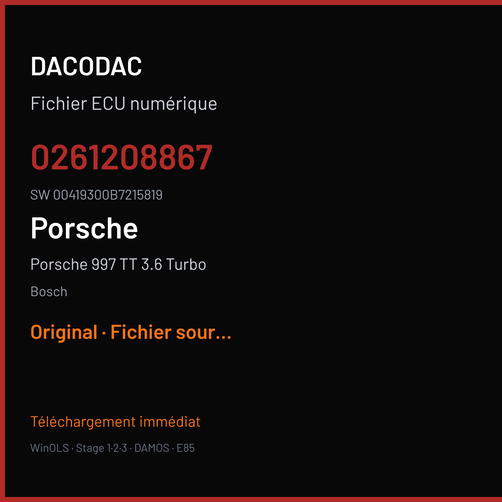 Porsche 997 TT 3.6 Turbo (2007) — Bosch — 0261208867 · 00419300B7215819 — Original
