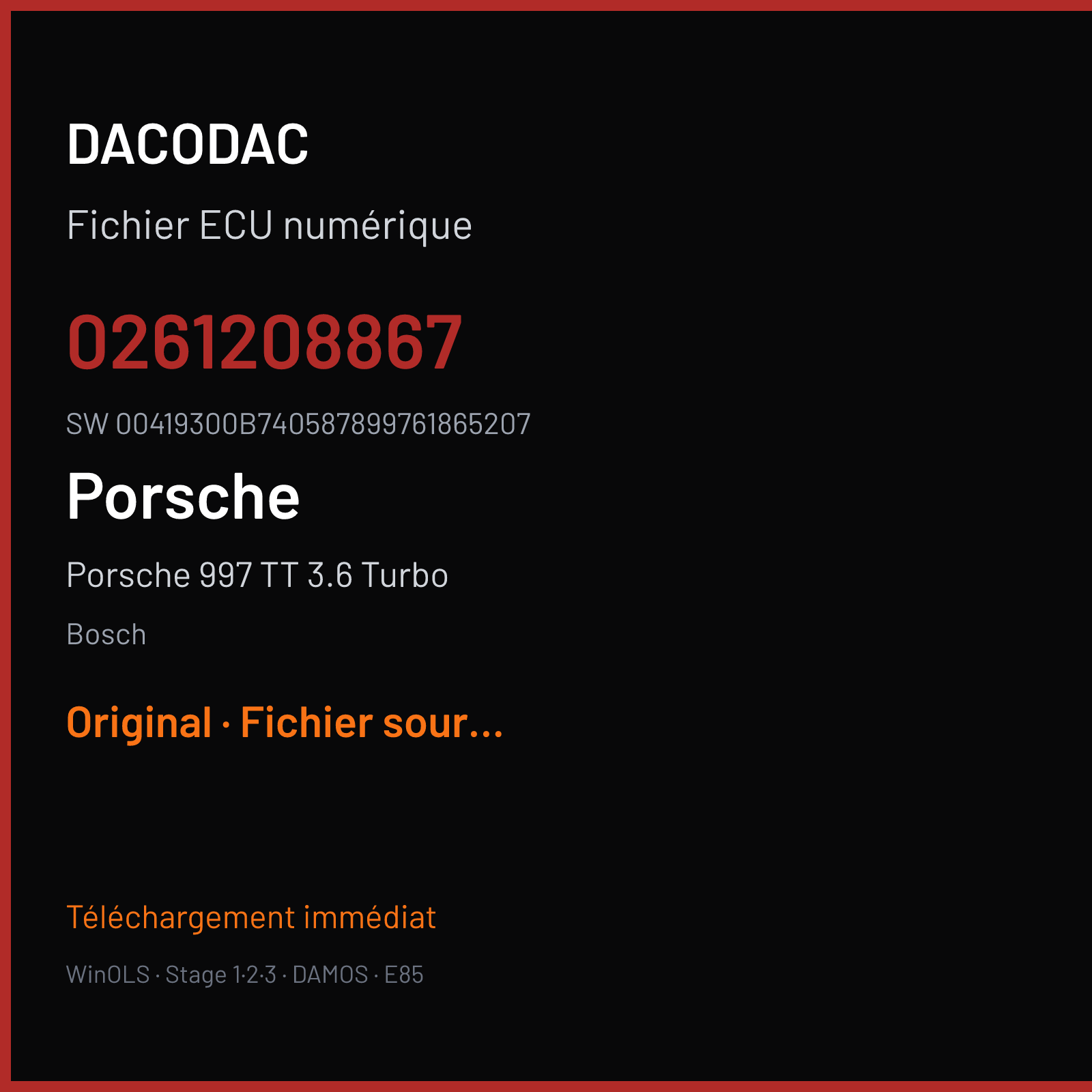 Porsche 997 TT 3.6 Turbo (2007) — Bosch — 0261208867 · 00419300B740587899761865207 — Original
