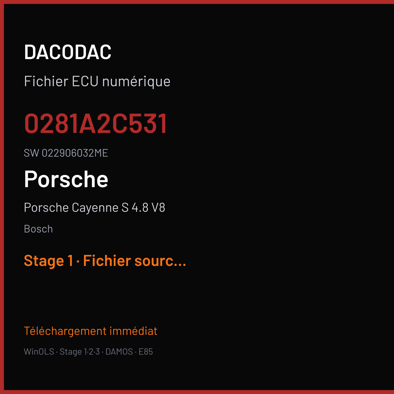 Porsche Cayenne S 4.8 V8 385 ch (2008) — Bosch — 0281A2C531 · 022906032ME · W0200C5000000 — Stage 1