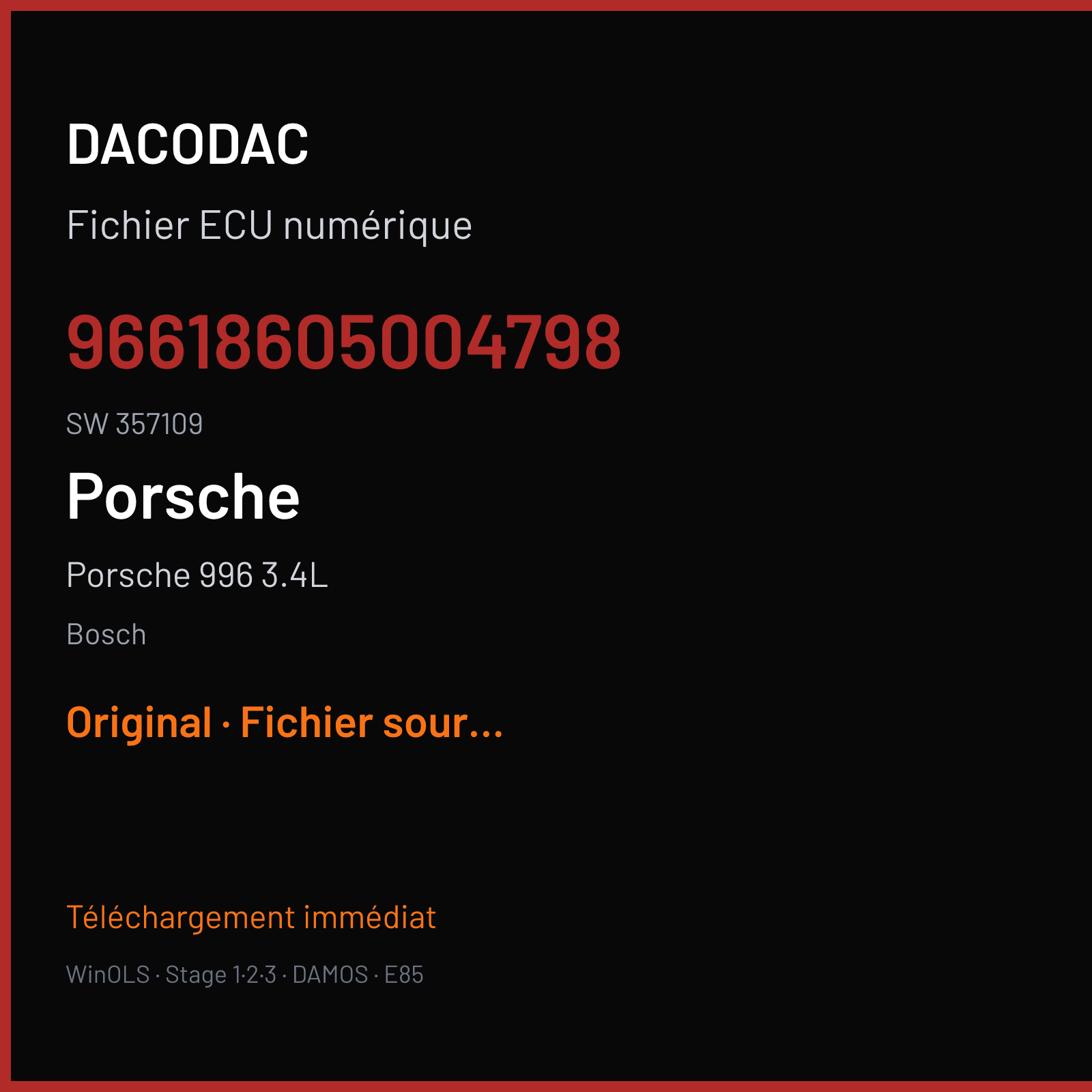 Porsche 996 3.4L (1999) — Bosch — 96618605004798 · 357109 — Original