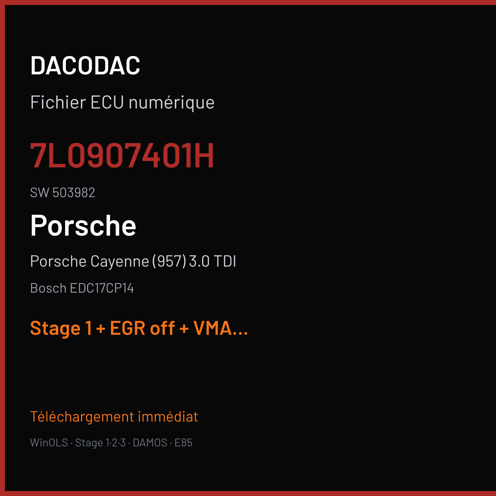 Porsche Cayenne (957) 3.0 TDI (2009) — Bosch EDC17CP14 — 7L0907401H · 503982 — Stage 1 + EGR off + VMAX off