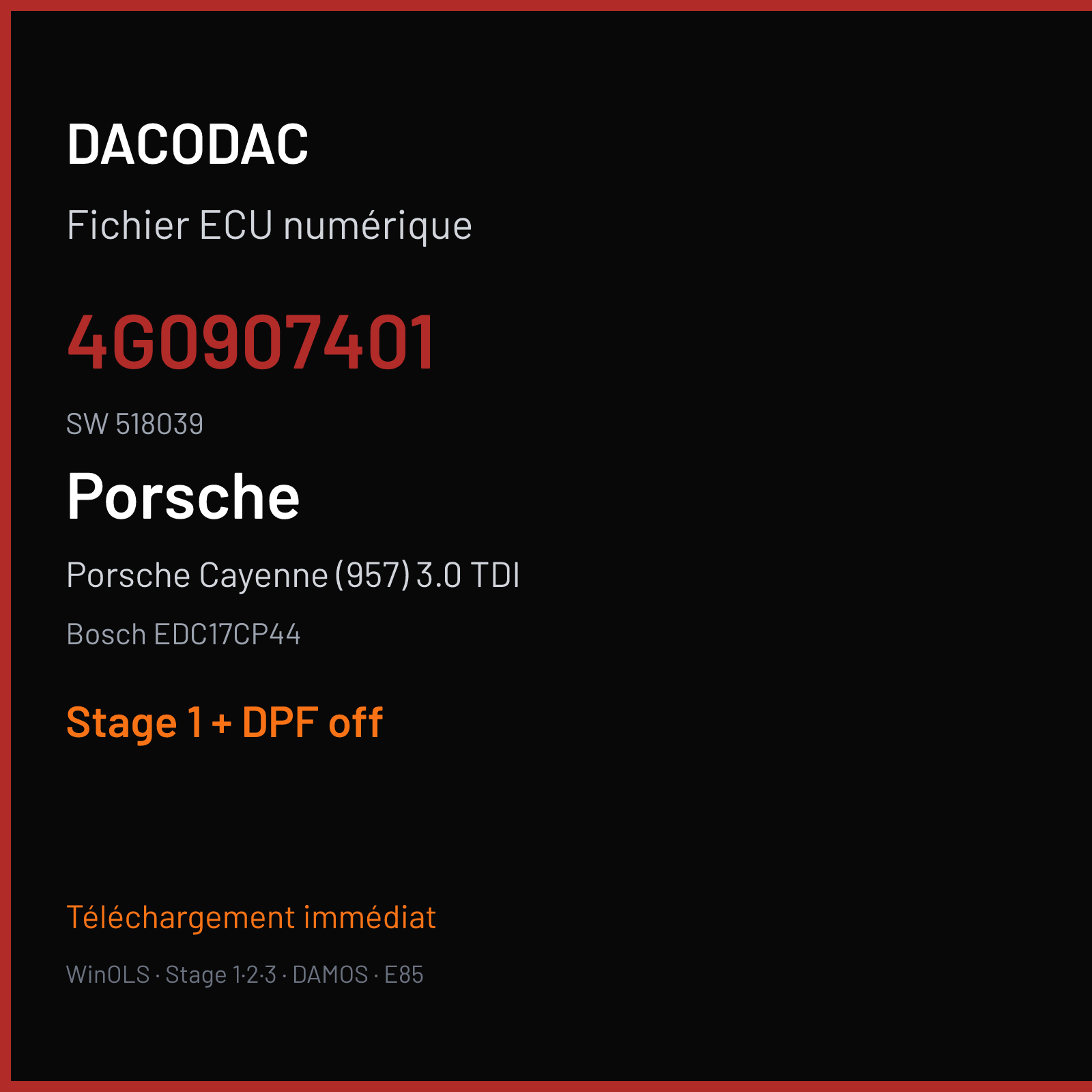 Porsche Cayenne (957) 3.0 TDI (2012) — Bosch EDC17CP44 — 4G0907401 · 518039 — Stage 1 + DPF off