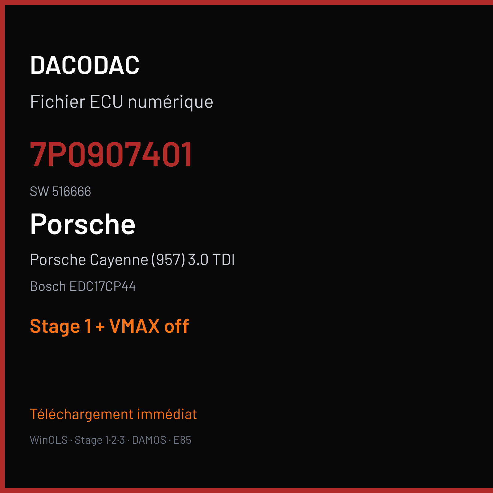 Porsche Cayenne (957) 3.0 TDI (2010) — Bosch EDC17CP44 — 7P0907401 · 516666 — Stage 1 + VMAX off