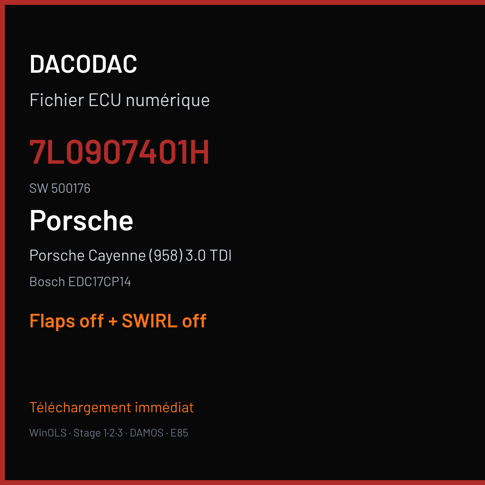 Porsche Cayenne (958) 3.0 TDI (2010) — Bosch EDC17CP14 — 7L0907401H · 500176 — Flaps off + SWIRL off