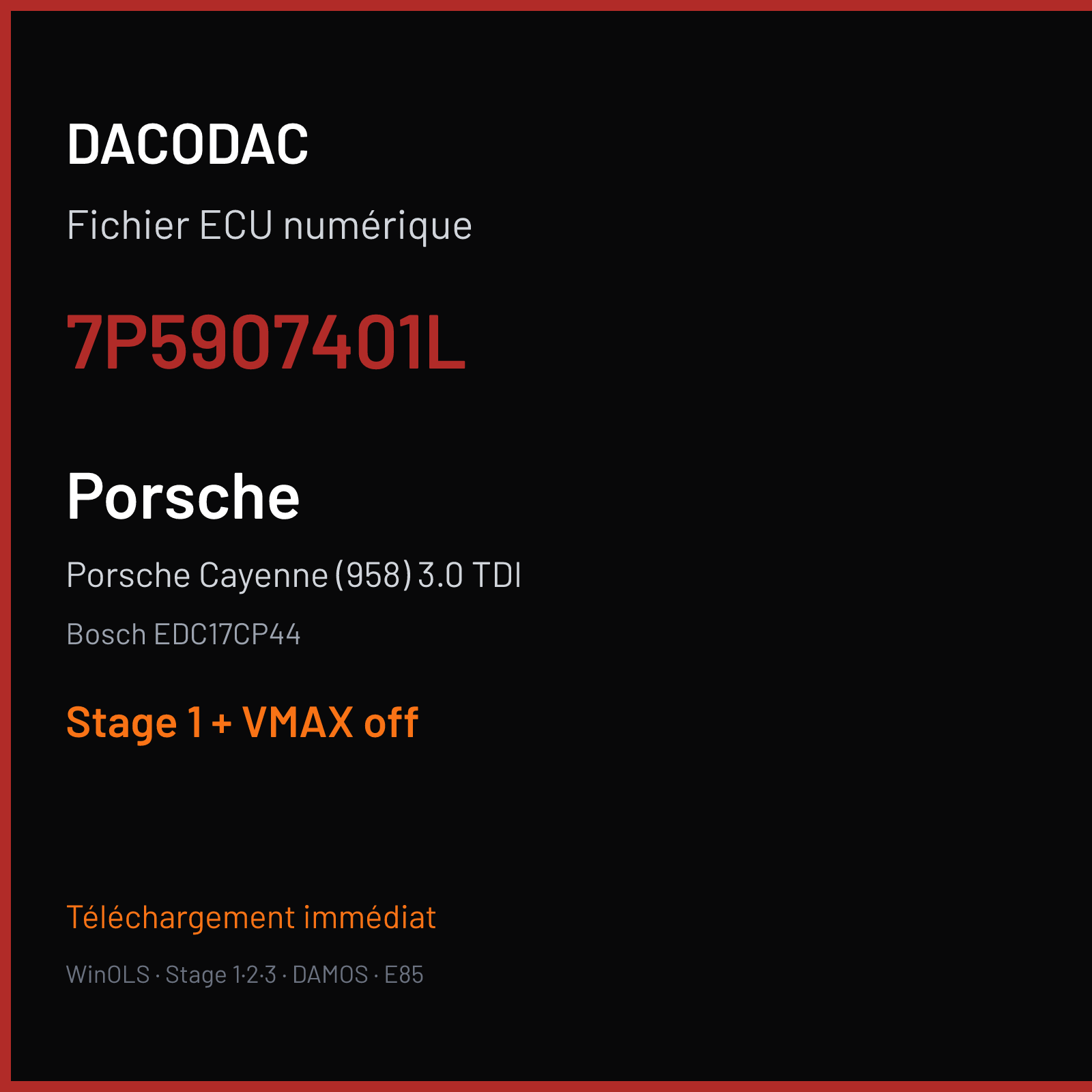 Porsche Cayenne (958) 3.0 TDI (2016) — Bosch EDC17CP44 — 7P5907401L — Stage 1 + VMAX off