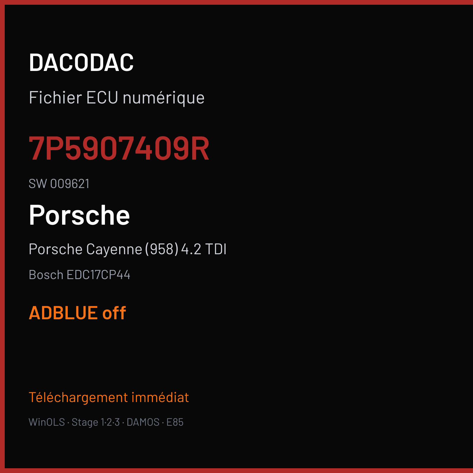 Porsche Cayenne (958) 4.2 TDI (2014) — Bosch EDC17CP44 — 7P5907409R · 009621 — ADBLUE off