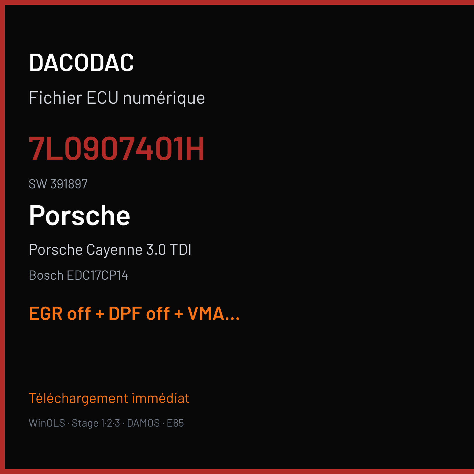 Porsche Cayenne 3.0 TDI (2009) — Bosch EDC17CP14 — 7L0907401H · 391897 — EGR off + DPF off + VMAX off