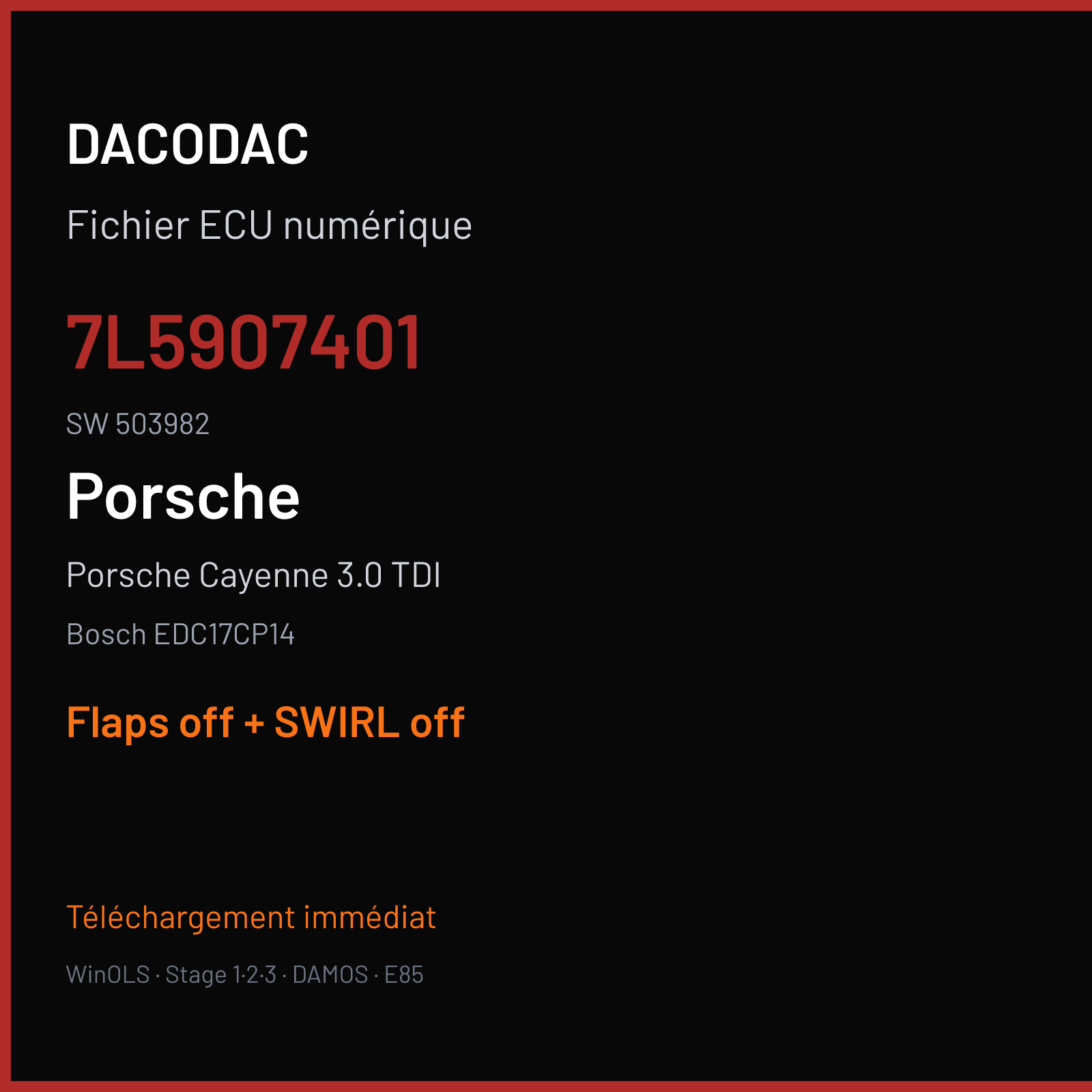 Porsche Cayenne 3.0 TDI — Bosch EDC17CP14 — 7L5907401 · 503982 — Flaps off + SWIRL off