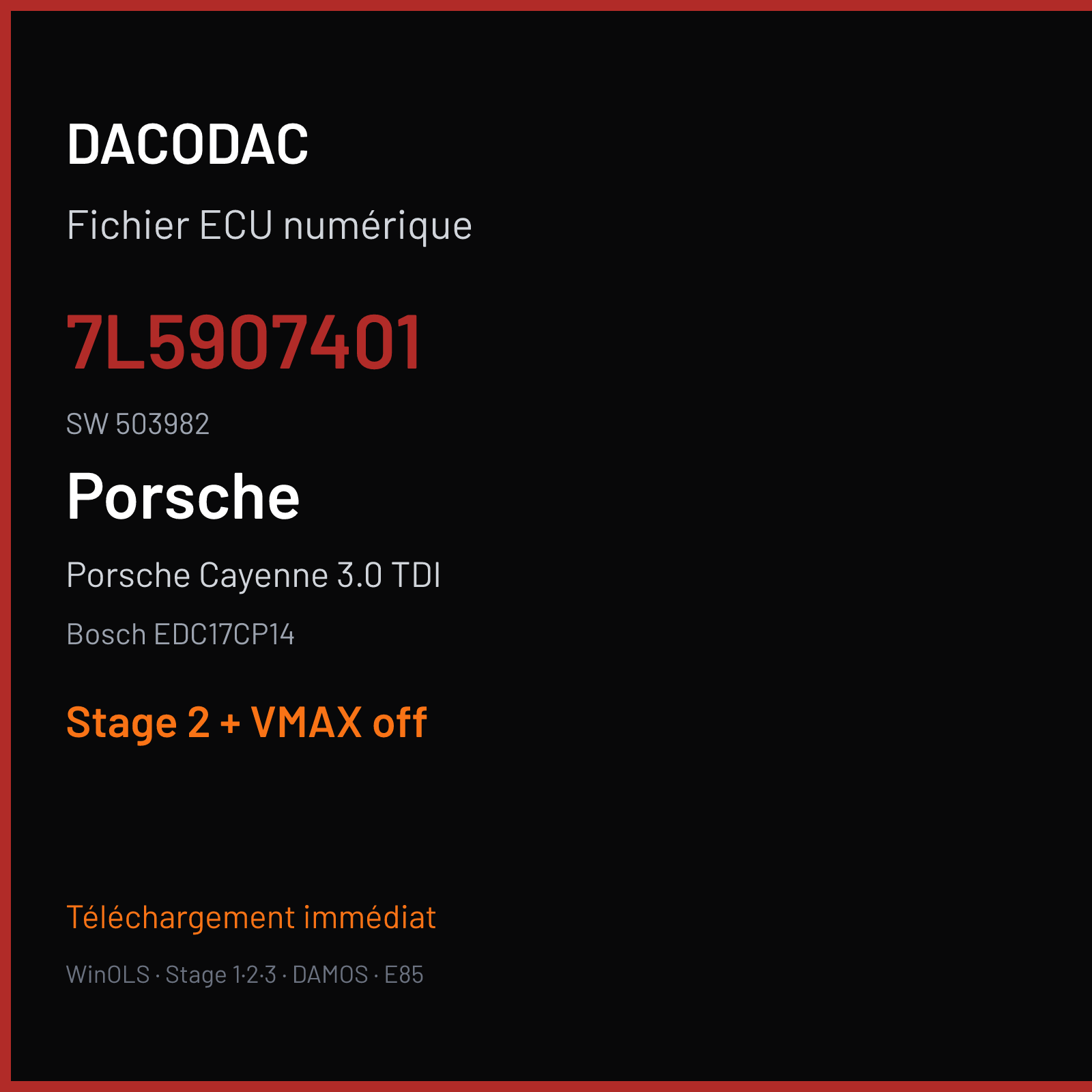 Porsche Cayenne 3.0 TDI (2009) — Bosch EDC17CP14 — 7L5907401 · 503982 — Stage 2 + VMAX off