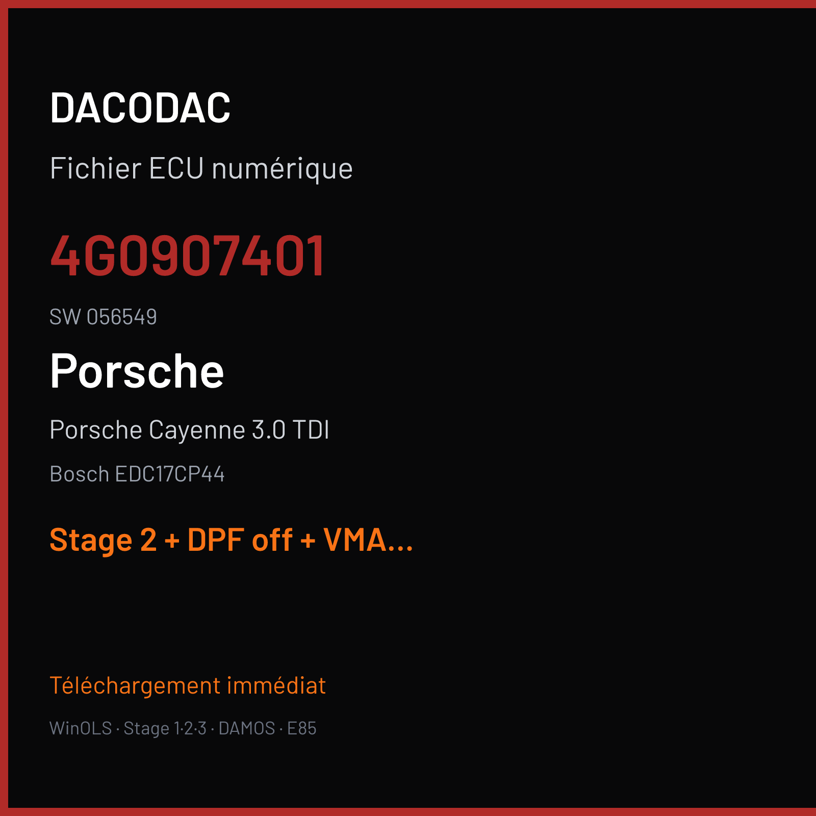 Porsche Cayenne 3.0 TDI (2014) — Bosch EDC17CP44 — 4G0907401 · 056549 — Stage 2 + DPF off + VMAX off