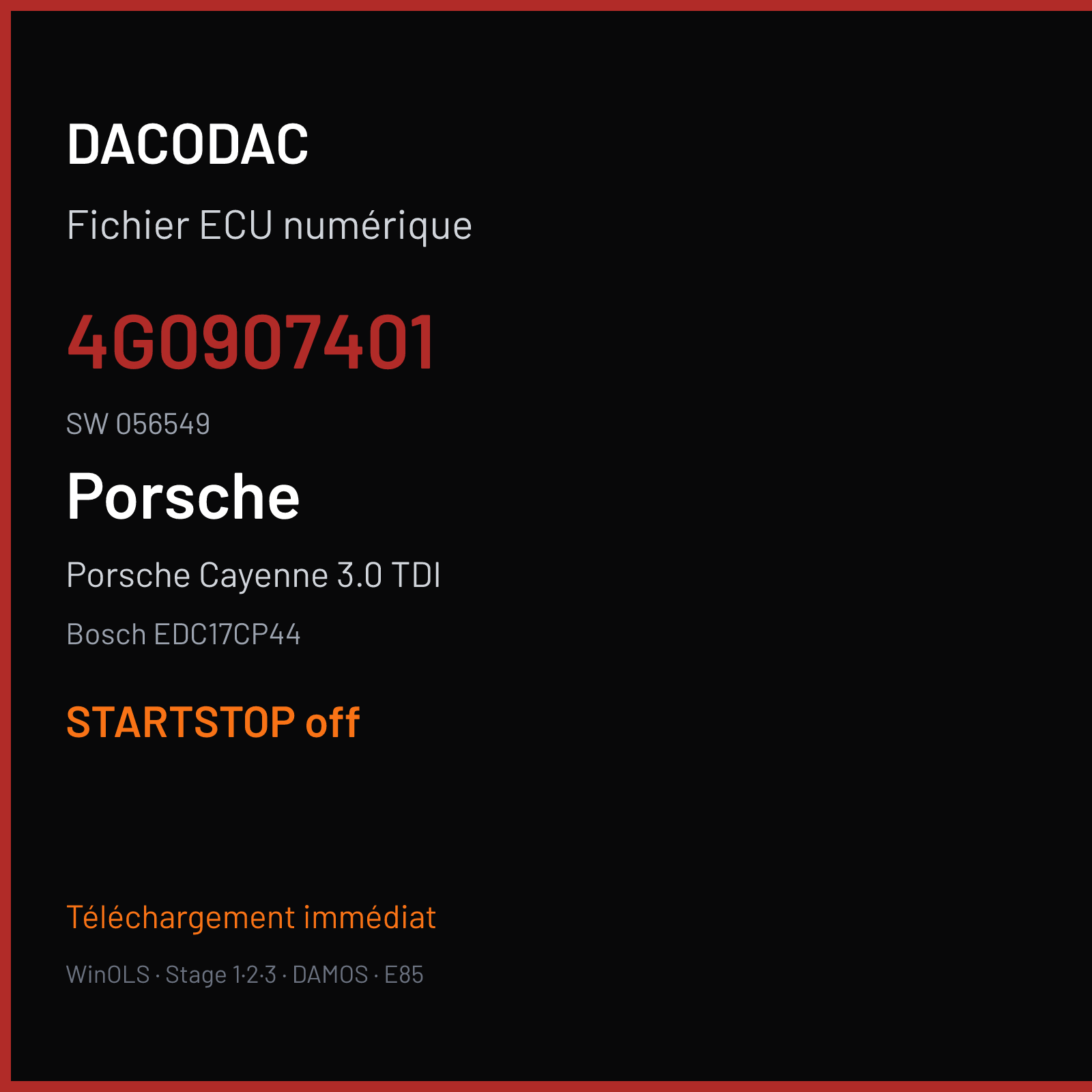 Porsche Cayenne 3.0 TDI (2014) — Bosch EDC17CP44 — 4G0907401 · 056549 — STARTSTOP off