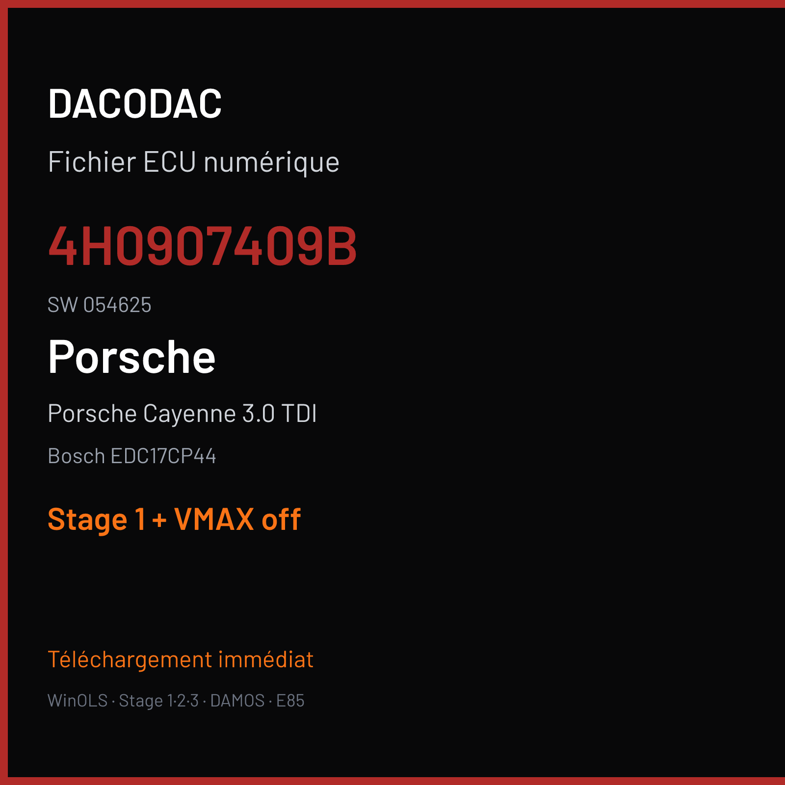 Porsche Cayenne 3.0 TDI (2015) — Bosch EDC17CP44 — 4H0907409B · 054625 — Stage 1 + VMAX off