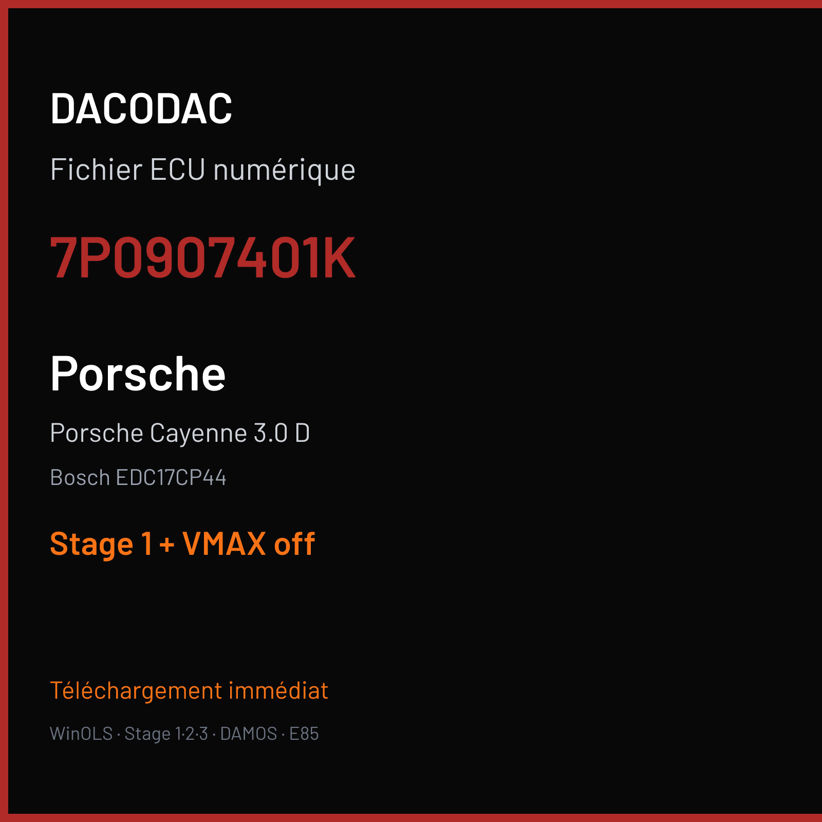 Porsche Cayenne 3.0 D (2016) — Bosch EDC17CP44 — 7P0907401K — Stage 1 + VMAX off