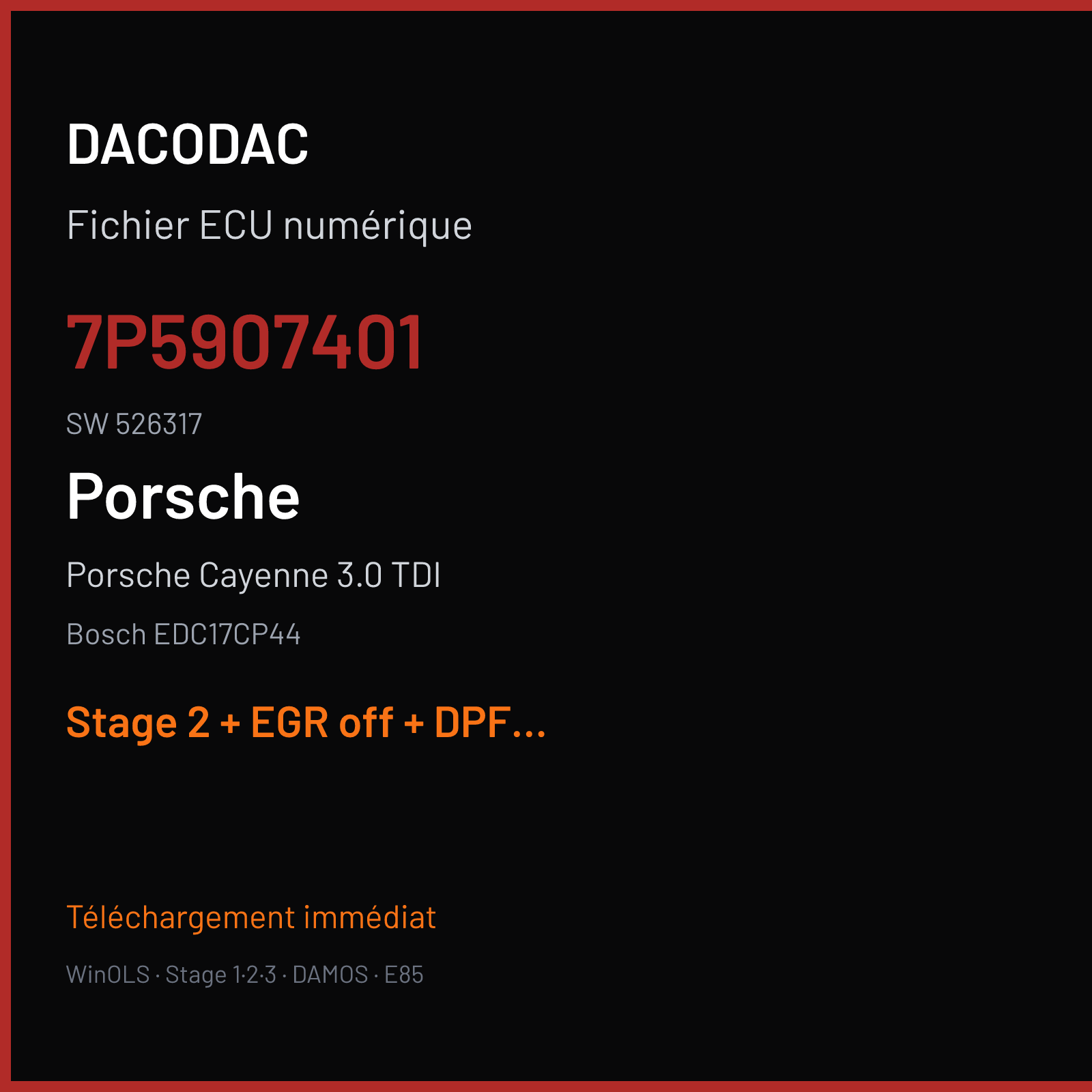 Porsche Cayenne 3.0 TDI (2011) — Bosch EDC17CP44 — 7P5907401 · 526317 — Stage 2 + EGR off + DPF off + VMAX off