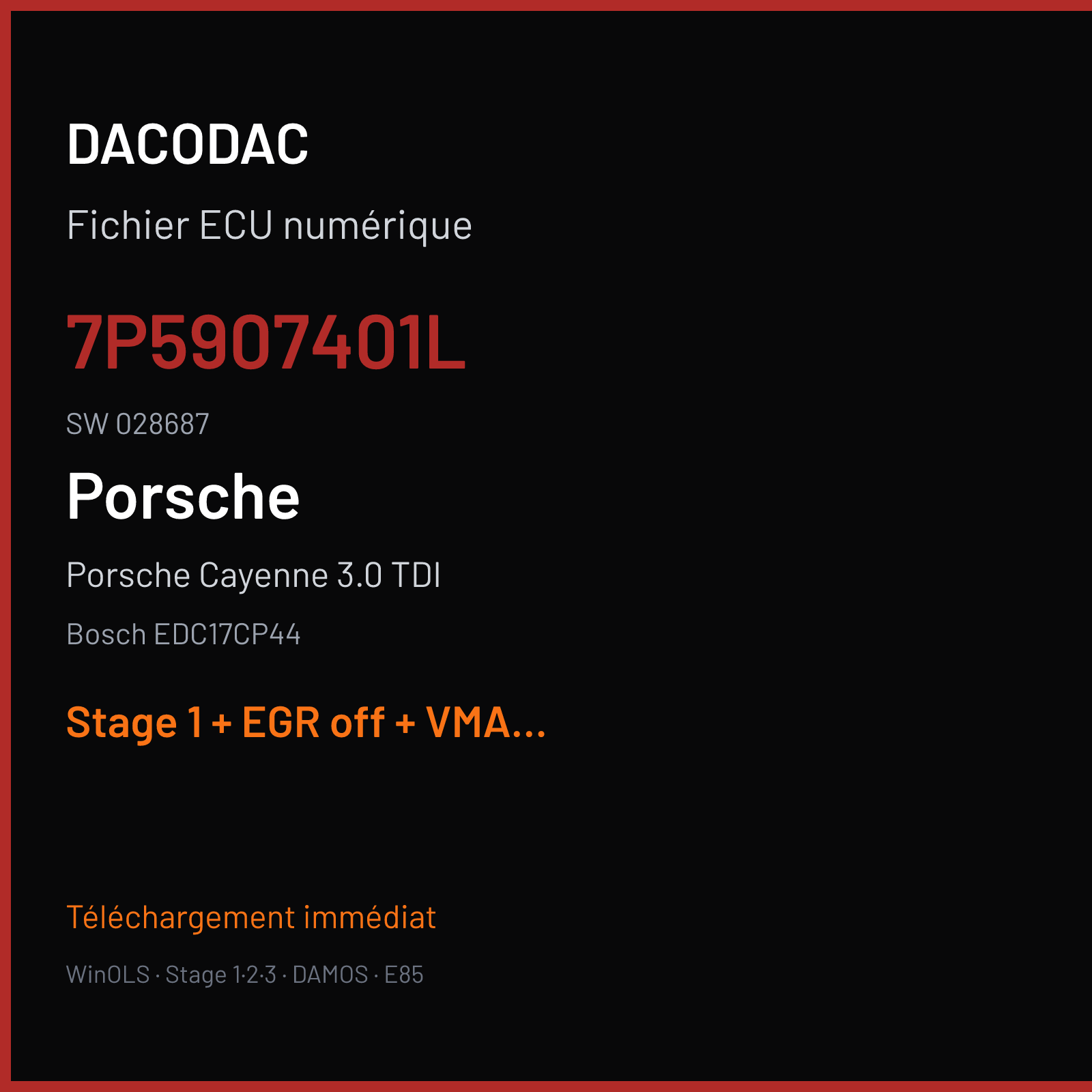 Porsche Cayenne 3.0 TDI (2015) — Bosch EDC17CP44 — 7P5907401L · 028687 — Stage 1 + EGR off + VMAX off