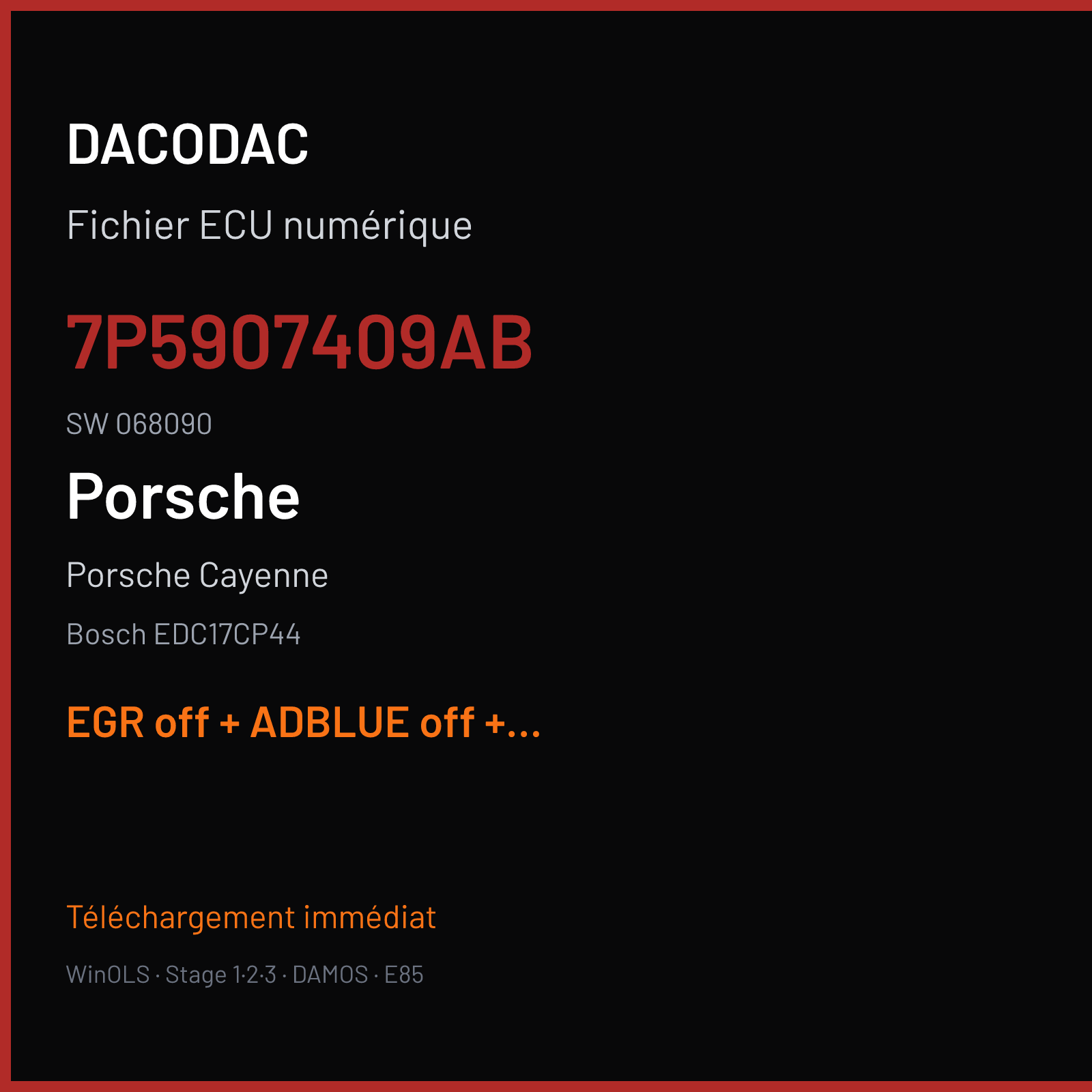 Porsche Cayenne (2016) — Bosch EDC17CP44 — 7P5907409AB · 068090 — EGR off + ADBLUE off + STARTSTOP off