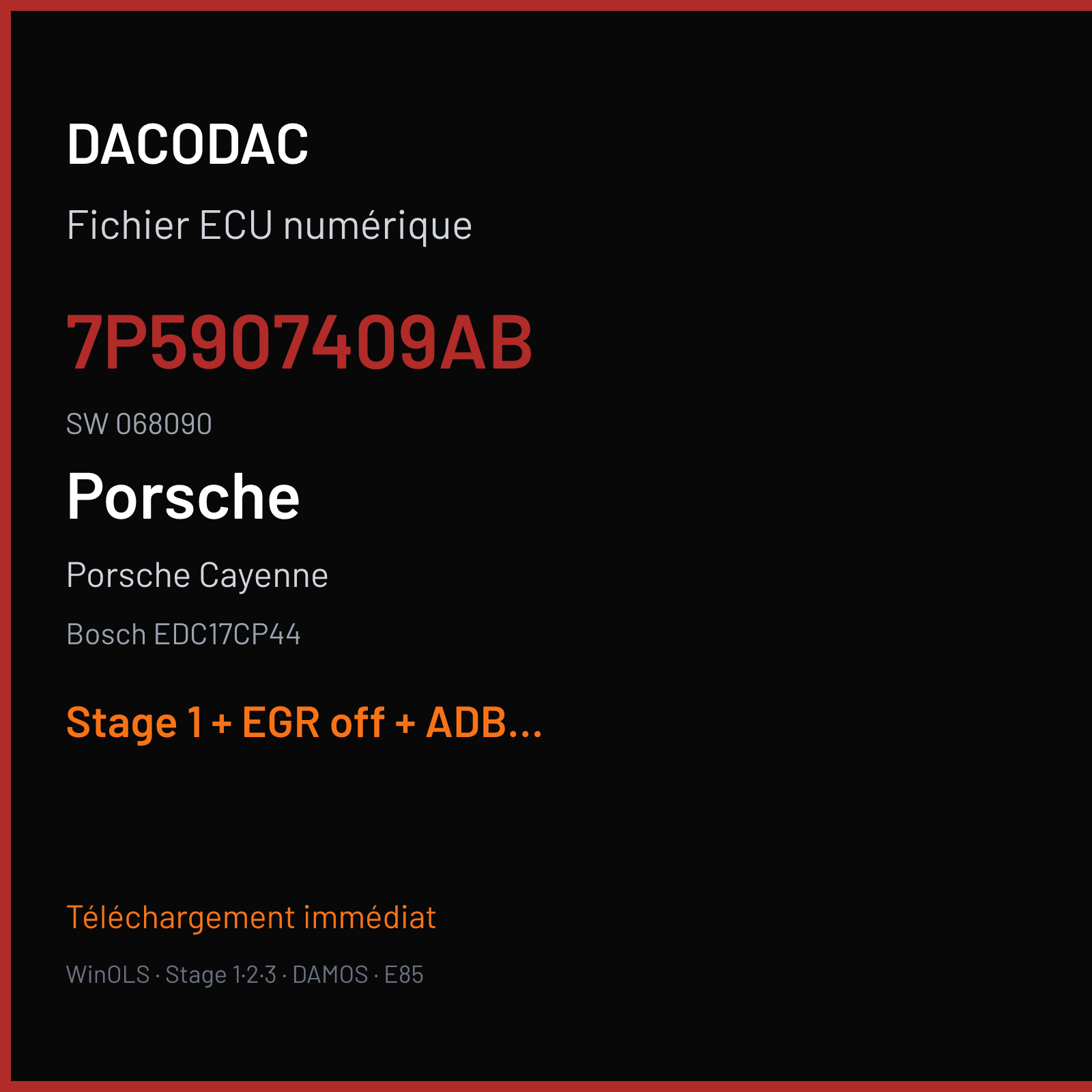 Porsche Cayenne (2016) — Bosch EDC17CP44 — 7P5907409AB · 068090 — Stage 1 + EGR off + ADBLUE off + VMAX off + STARTSTOP off
