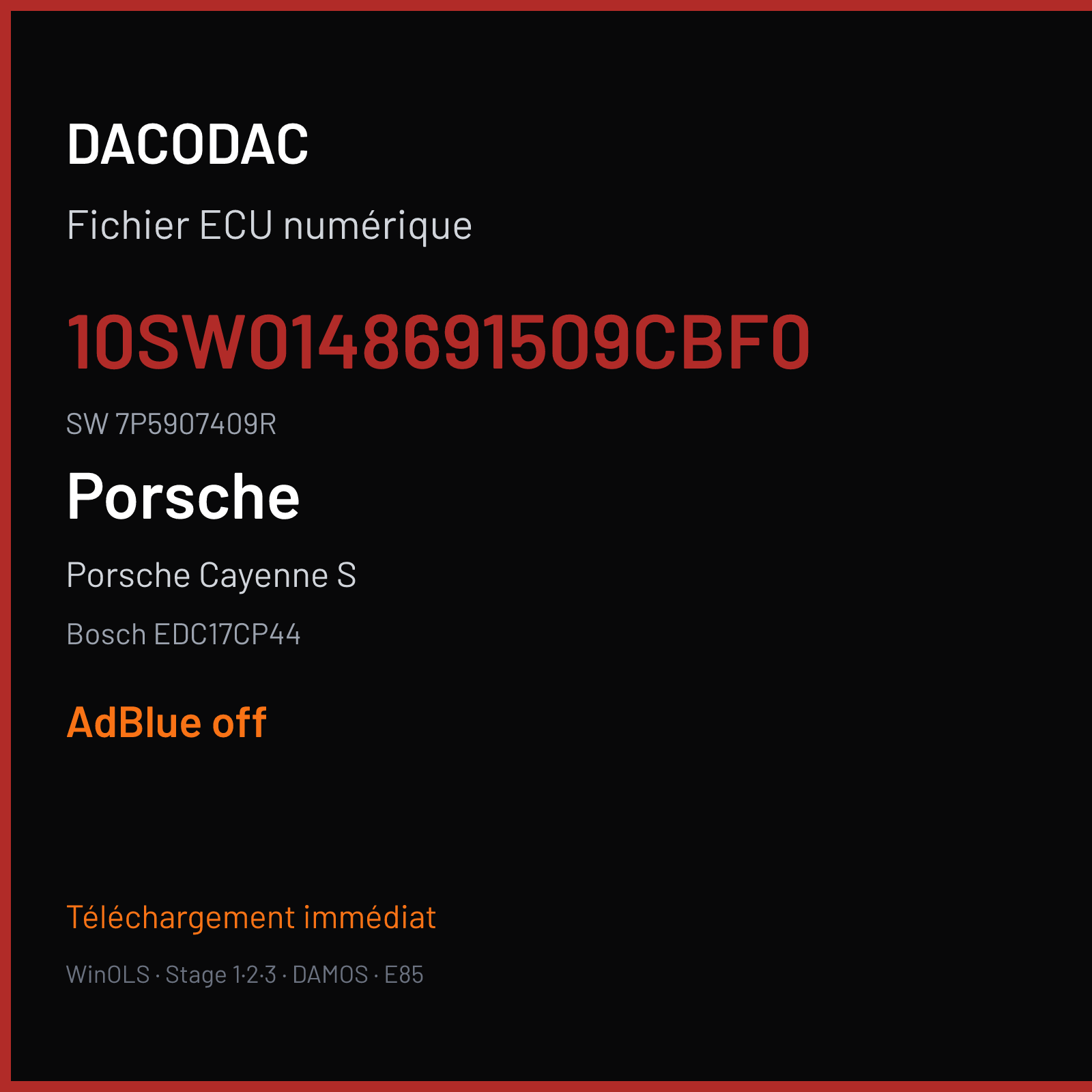 Porsche Cayenne S 380 ch (2016) — Bosch EDC17CP44 — 10SW0148691509CBF0 · 7P5907409R · 014869 — ADBLUE off