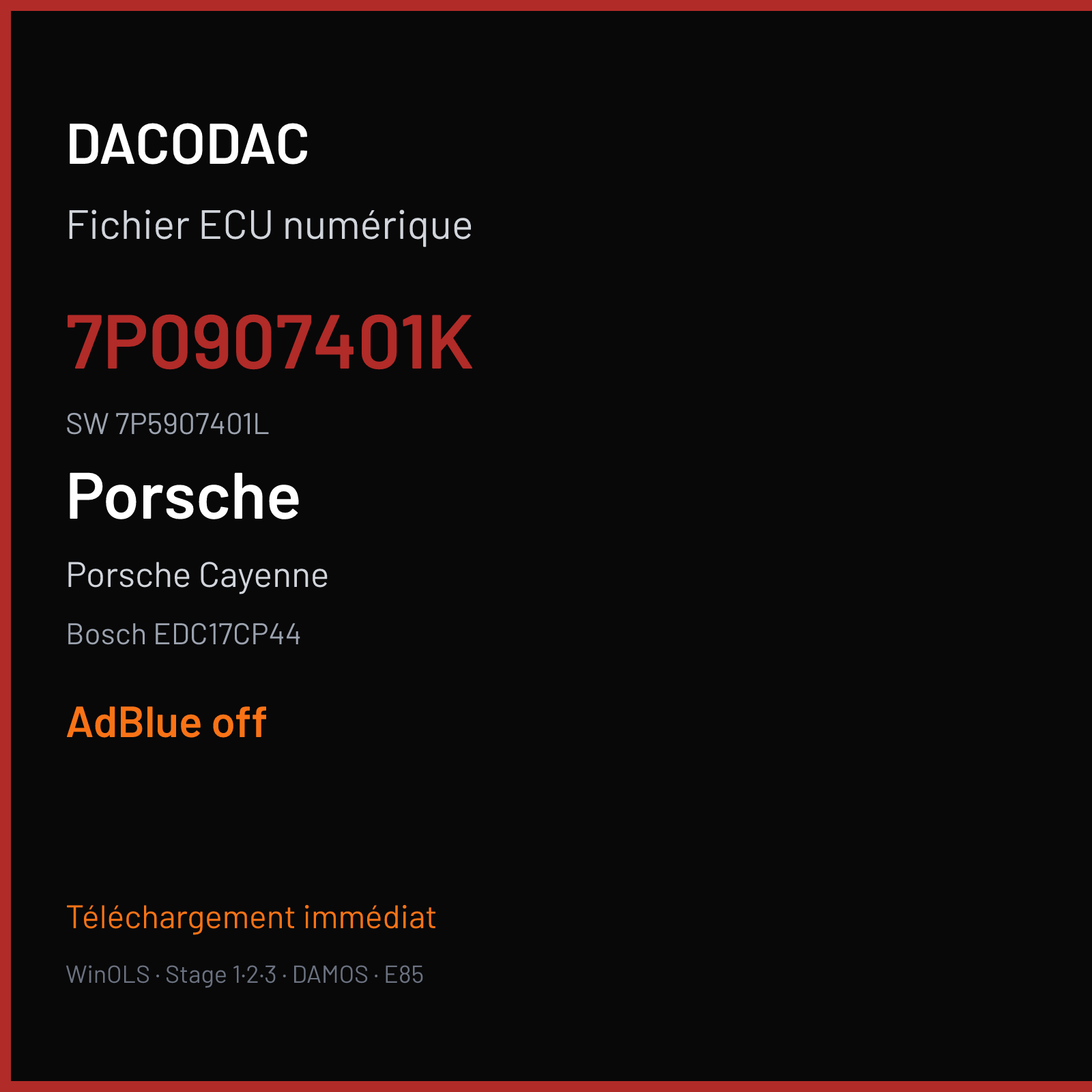 Porsche Cayenne 262 ch (2016) — Bosch EDC17CP44 — 7P0907401K · 7P5907401L · 0009 10SW028687 1248TDFD — ADBLUE off