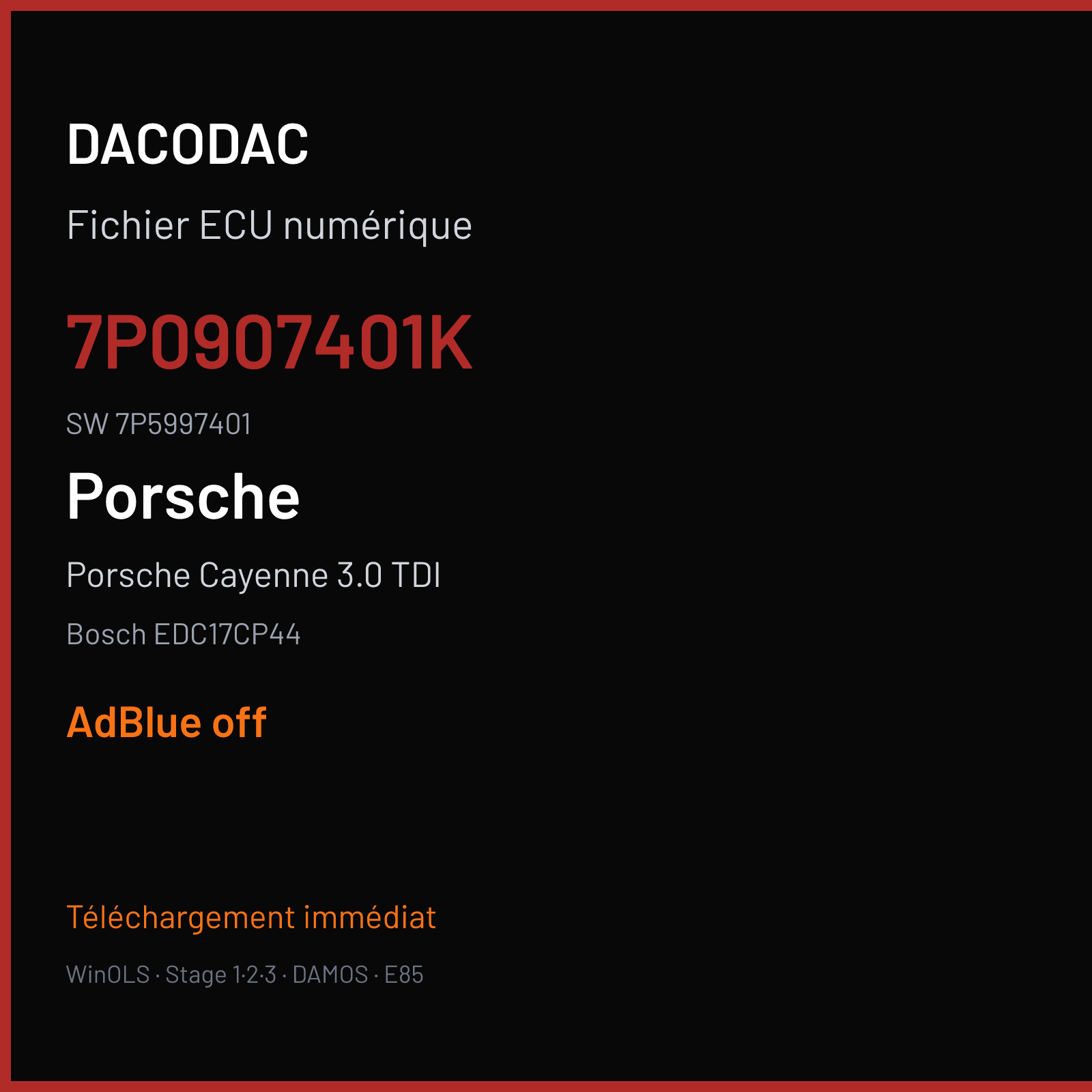 Porsche Cayenne 3.0 TDI 240 ch (2016) — Bosch EDC17CP44 — 7P0907401K · 7P5997401 · 0005 10SW022264 1364TEAQ — ADBLUE off