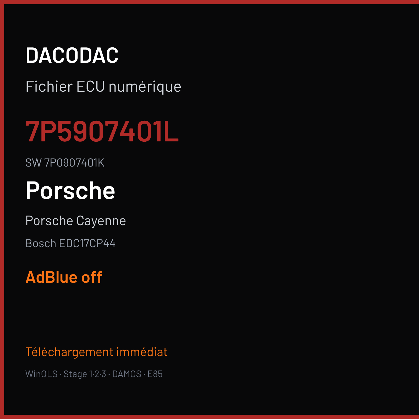 Porsche Cayenne 262 ch (2018) — Bosch EDC17CP44 — 7P5907401L · 7P0907401K · 028687 — ADBLUE off