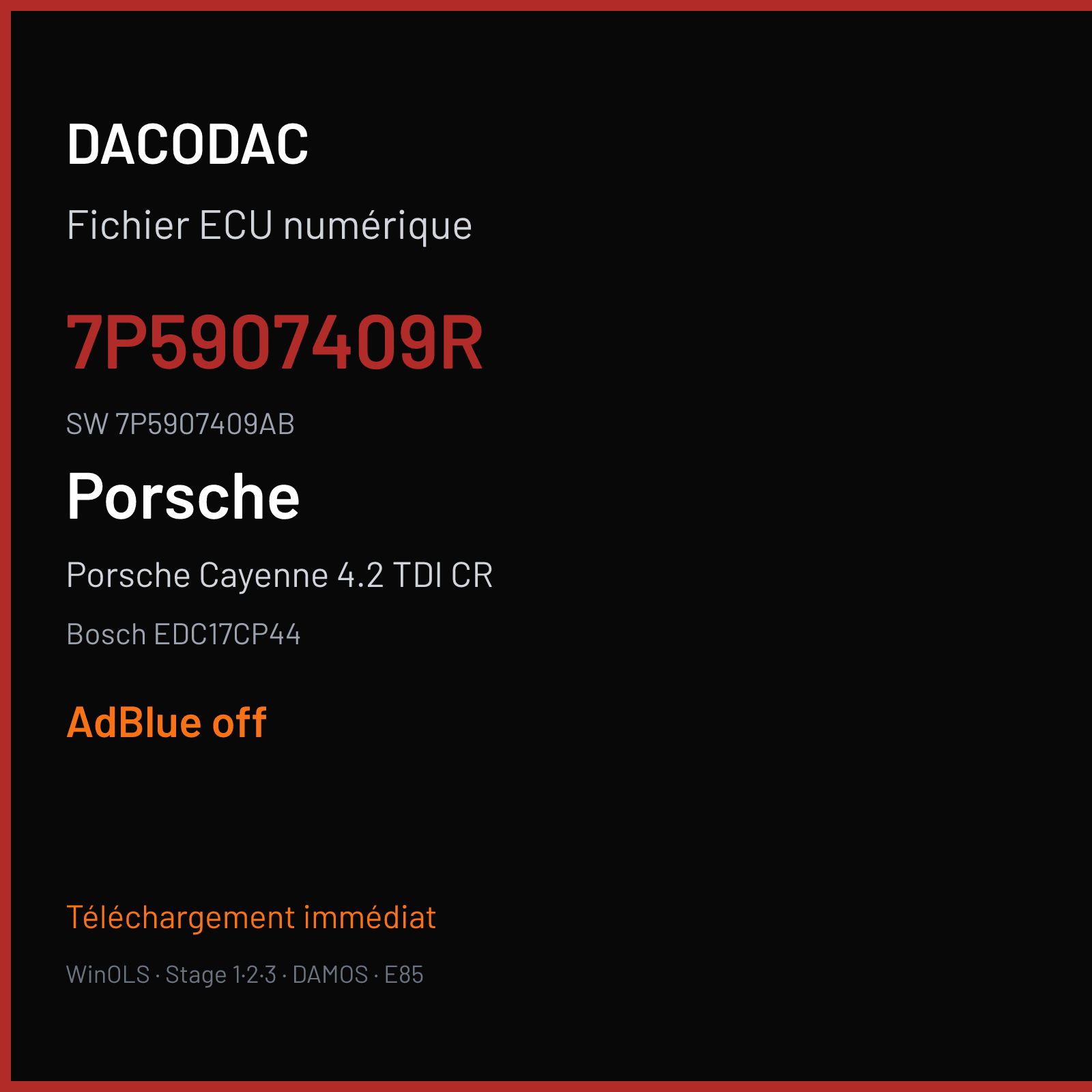 Porsche Cayenne 4.2 TDI CR 381 ch (2016) — Bosch EDC17CP44 — 7P5907409R · 7P5907409AB · 068090 — ADBLUE off