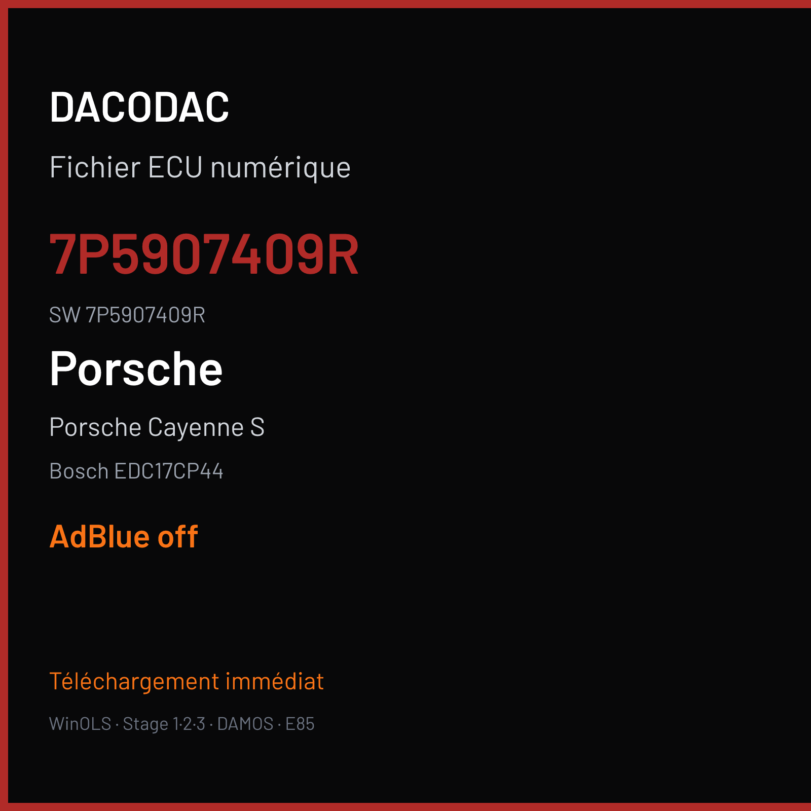Porsche Cayenne S 385 ch (2014) — Bosch EDC17CP44 — 7P5907409R · 7P5907409R · 009621 — ADBLUE off