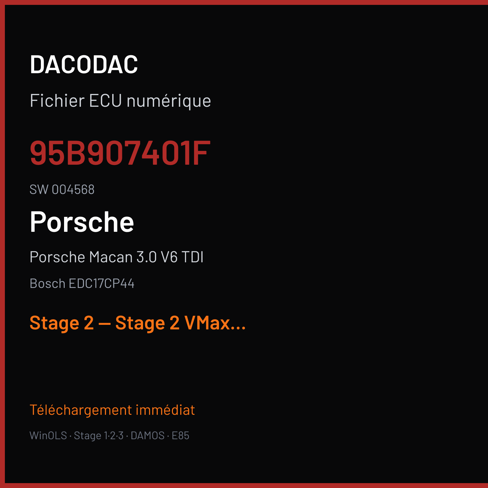 Porsche Macan 3.0 V6 TDI (2017) — Bosch EDC17CP44 — 95B907401F · 004568 — Stage 2 — Stage 2 VMax OFF Jamie EGR OFF DPF OFF reworked by aldo