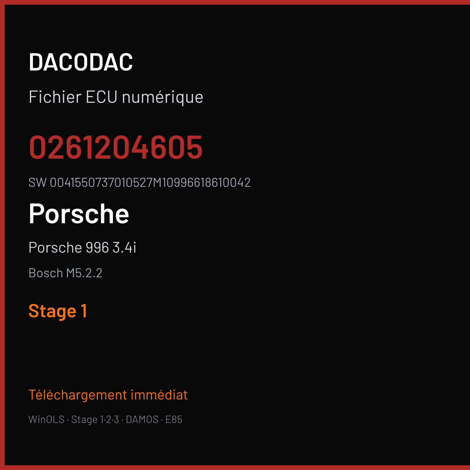 Porsche 996 3.4i 300 ch (2000) — Bosch M5.2.2 — 0261204605 · 0041550737010527M10996618610042 · 357099 — Stage 1