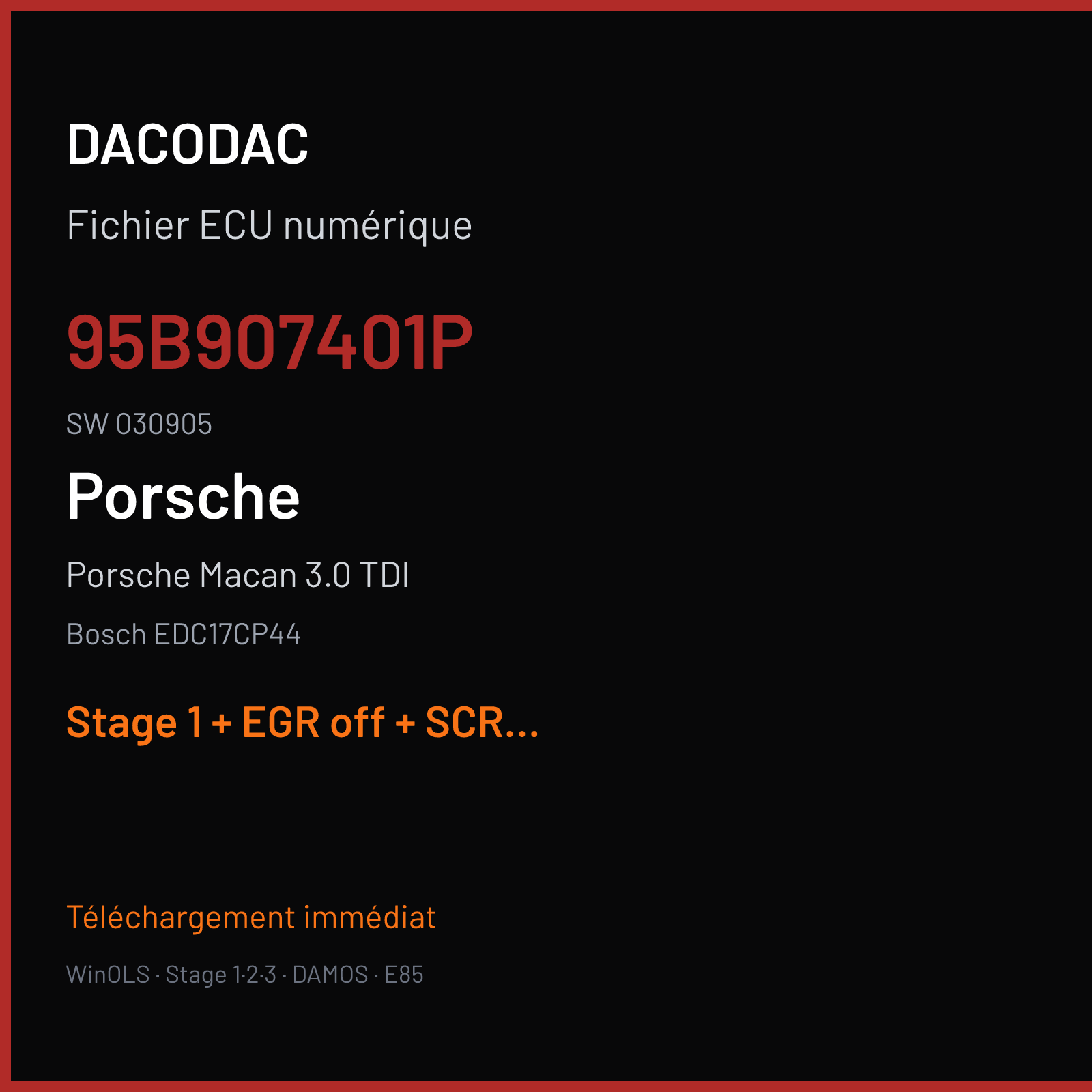 Porsche Macan 3.0 TDI (2015) — Bosch EDC17CP44 — 95B907401P · 030905 — Stage 1 + EGR off + SCR off + VMAX off