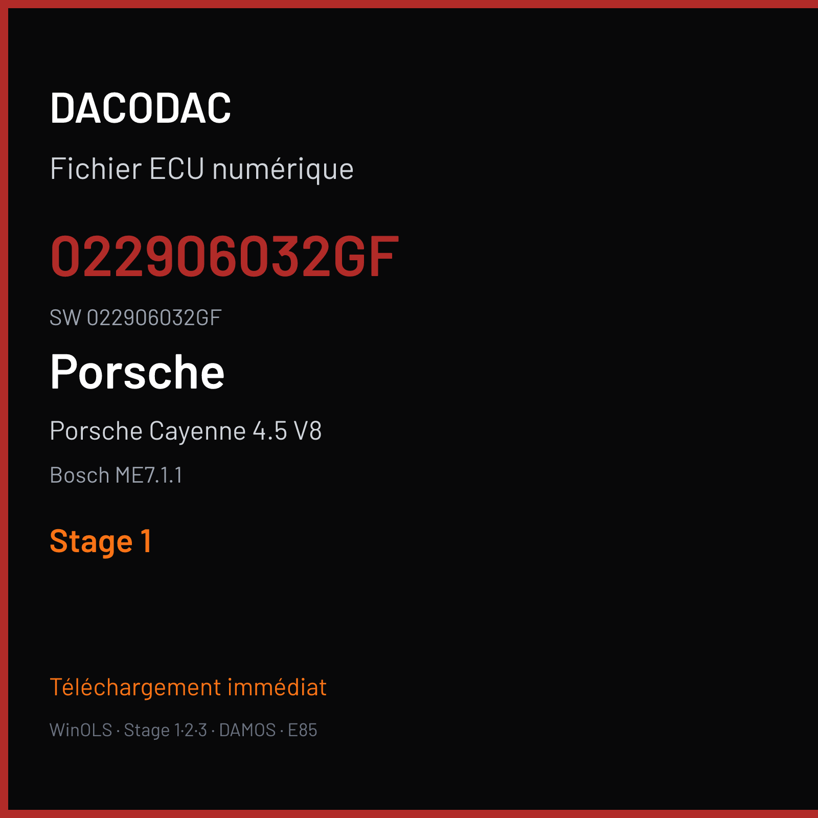 Porsche Cayenne 4.5 V8 340 ch (2005) — Bosch ME7.1.1 — 022906032GF · 022906032GF · 371703 — Stage 1